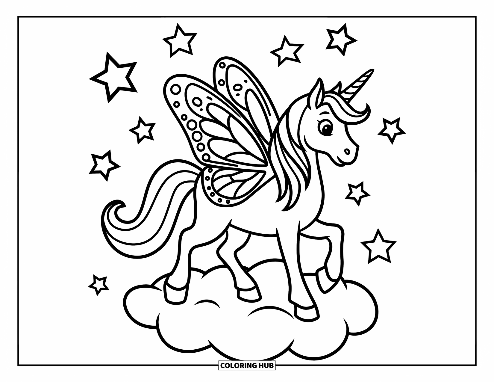 Unicorn Coloring Page for Kids: A unicorn with shimmering butterfly wings flutters above a soft, floating cloud