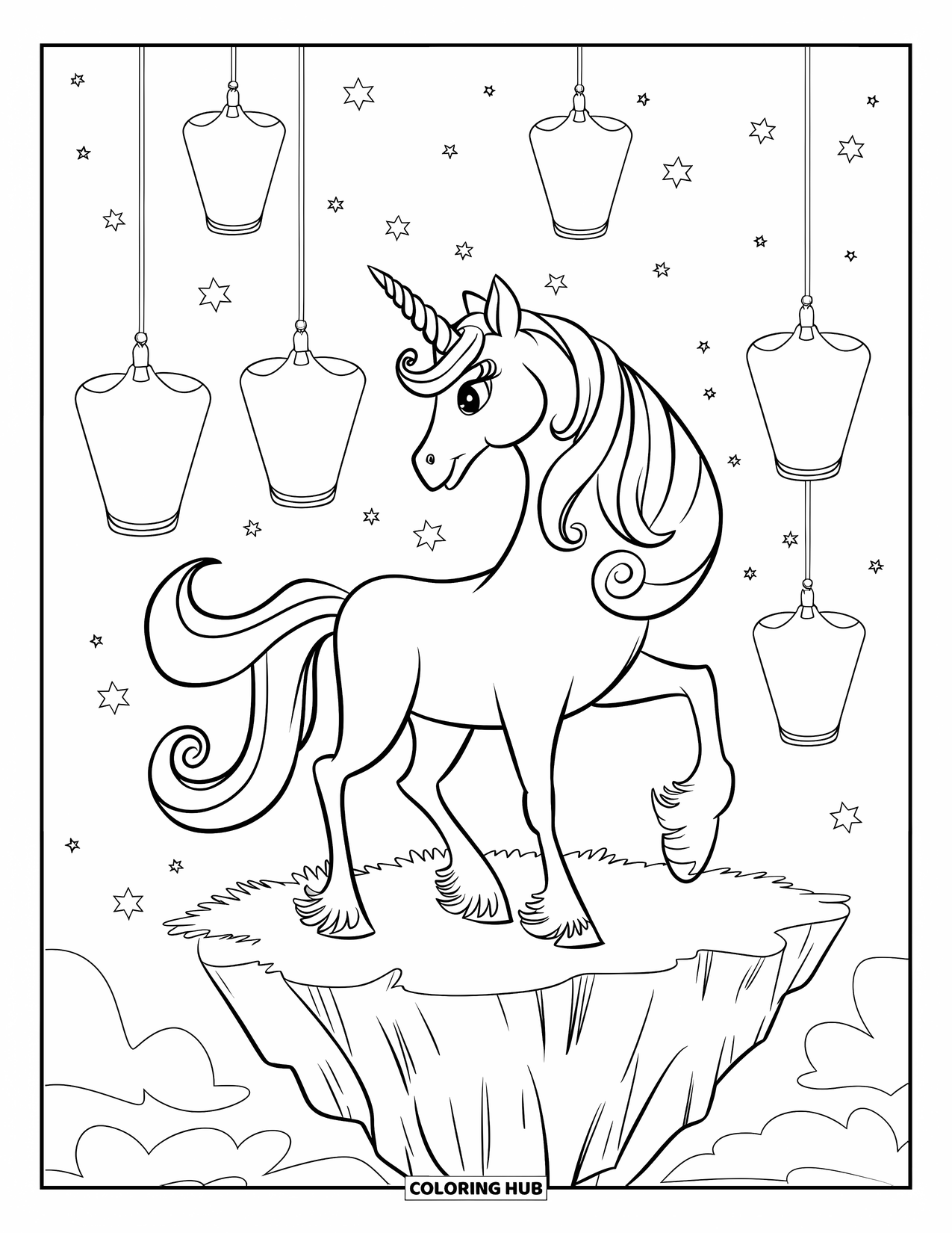 Unicorn Coloring Page for Kids: A unicorn with spiraled horns stands on a floating island as lanterns drift through the night