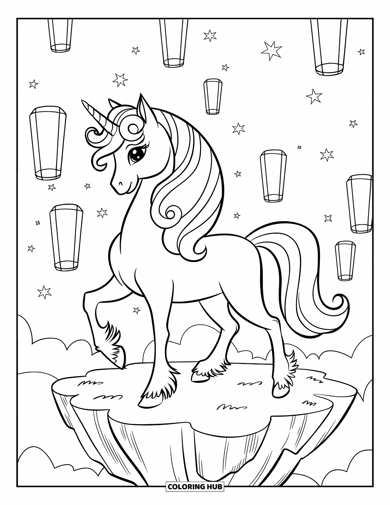 Unicorn Coloring Page for Kids: A unicorn with spiraled horns stands on a floating island, surrounded by glowing lanterns in the sky