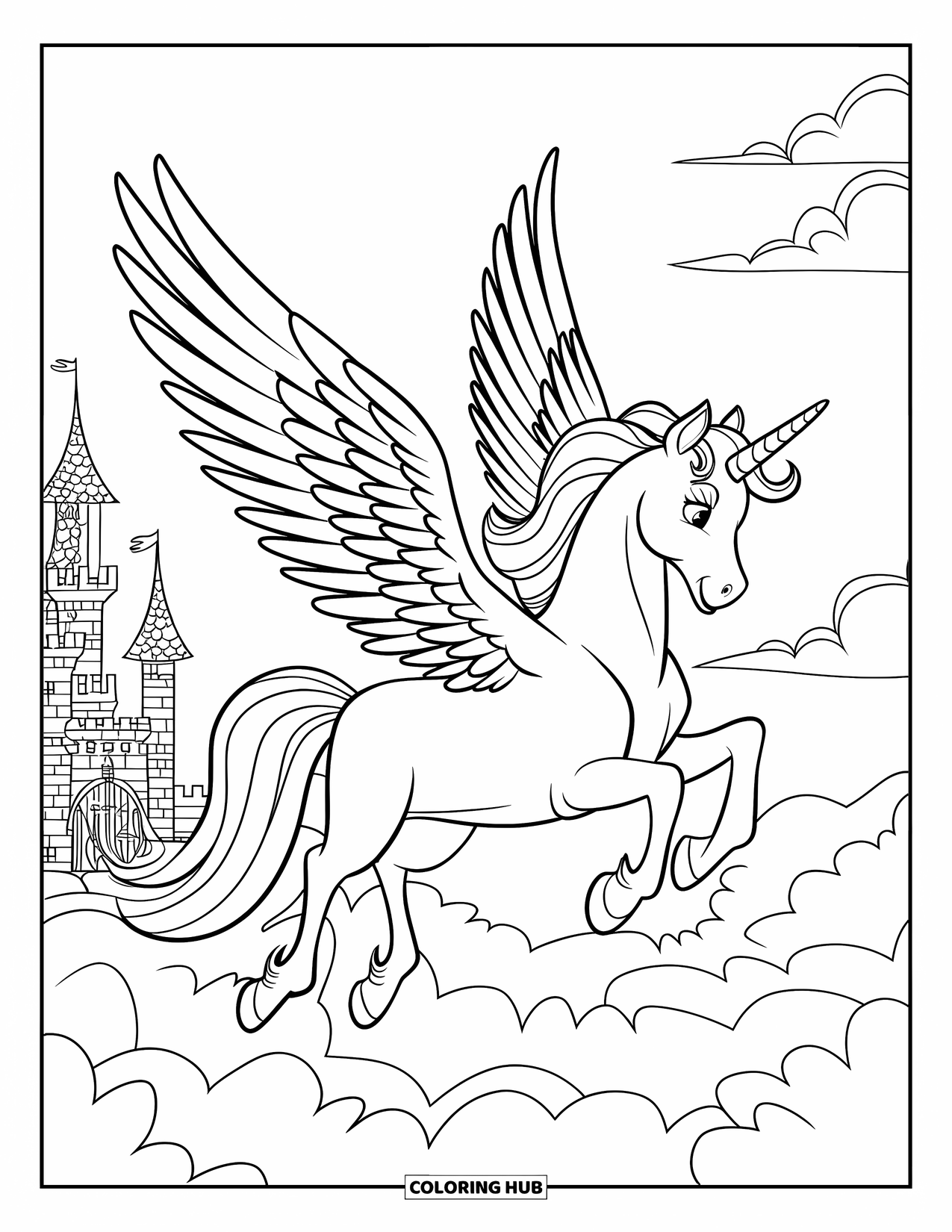 Unicorn Coloring Page for Kids: A winged unicorn glides above a castle, its majestic form framed by fluffy clouds