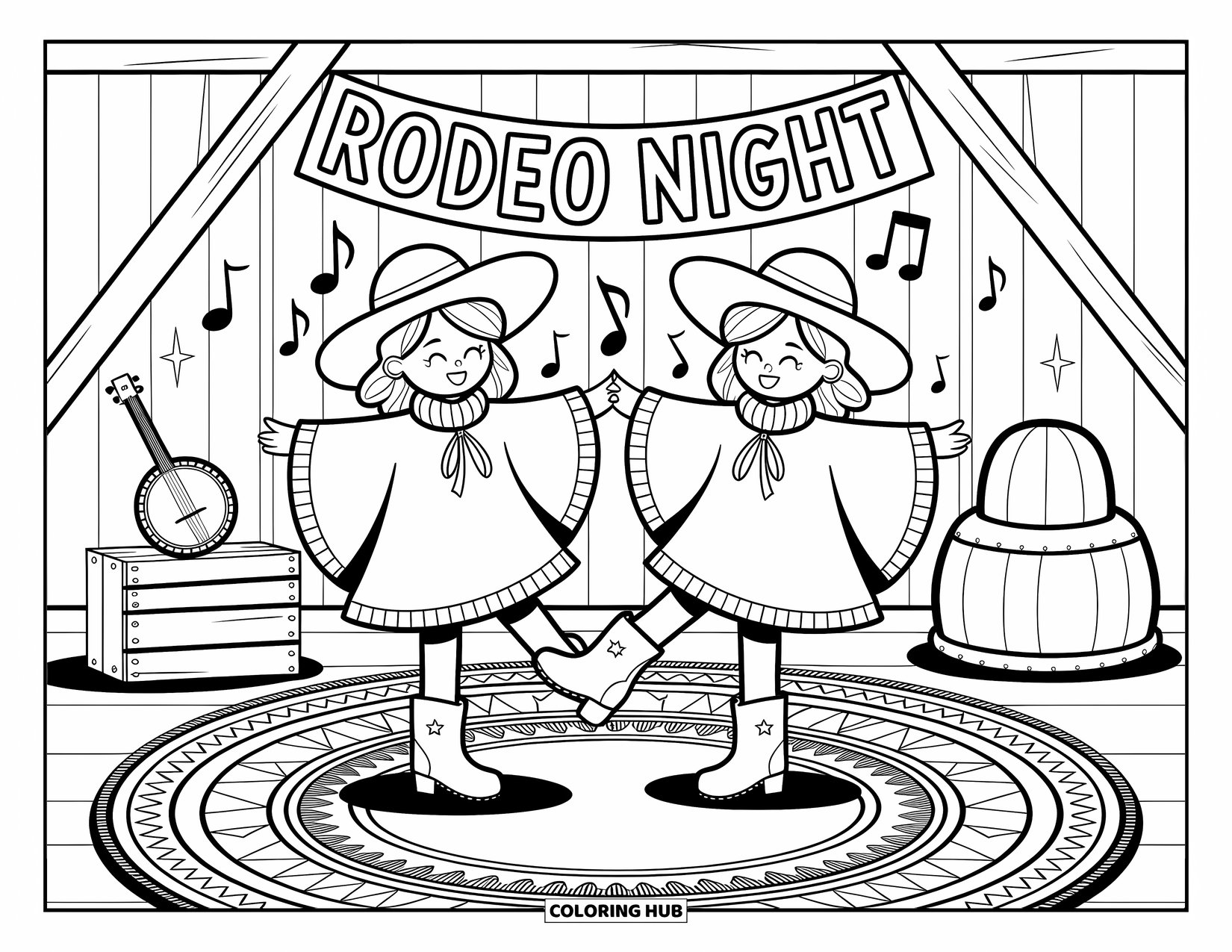 Desen de colorat Vest pentru adulți: Un duo vesel în pălării mari dansează pe o mochetă confortabilă cu un banjo în apropiere