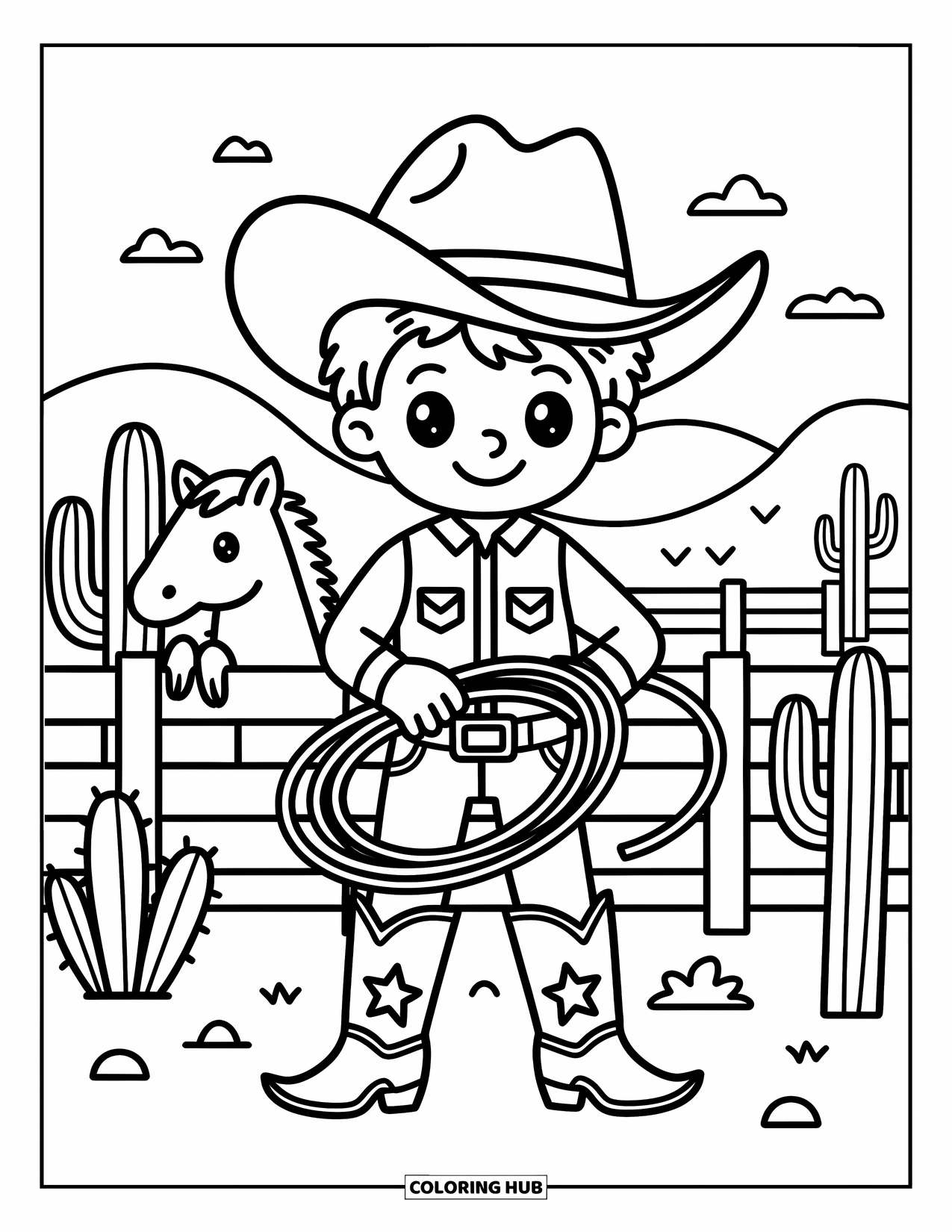 Desen de colorat Vest pentru adulți: Un cowboy ține un lasou lângă un cal blând și cactuși de deșert sub o pălărie largă