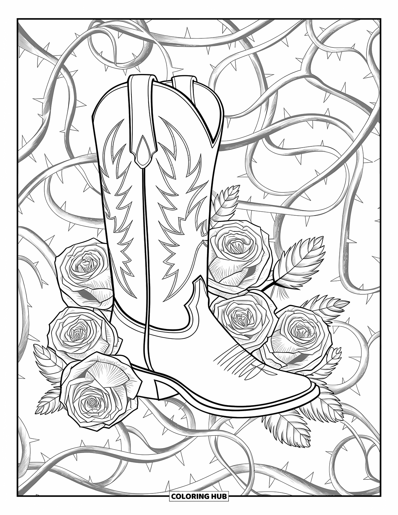 Desen de colorat western pentru adulți: Un cizmar detaliat stă înalt, înconjurat de trandafiri cu spini și pene moi