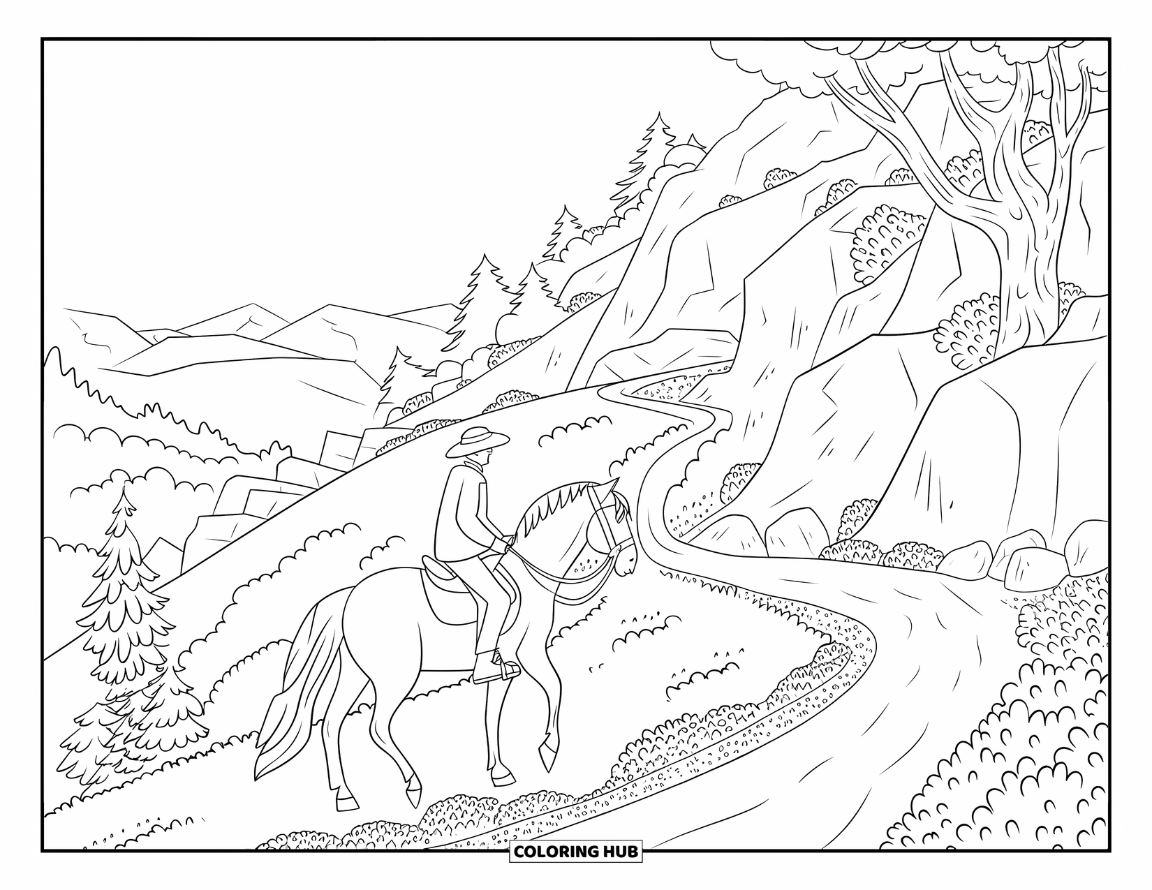 Desen de colorat western pentru adulți: Un cal și un călăreț urmează o potecă șerpuită prin dealuri verzi și teren muntos stâncos