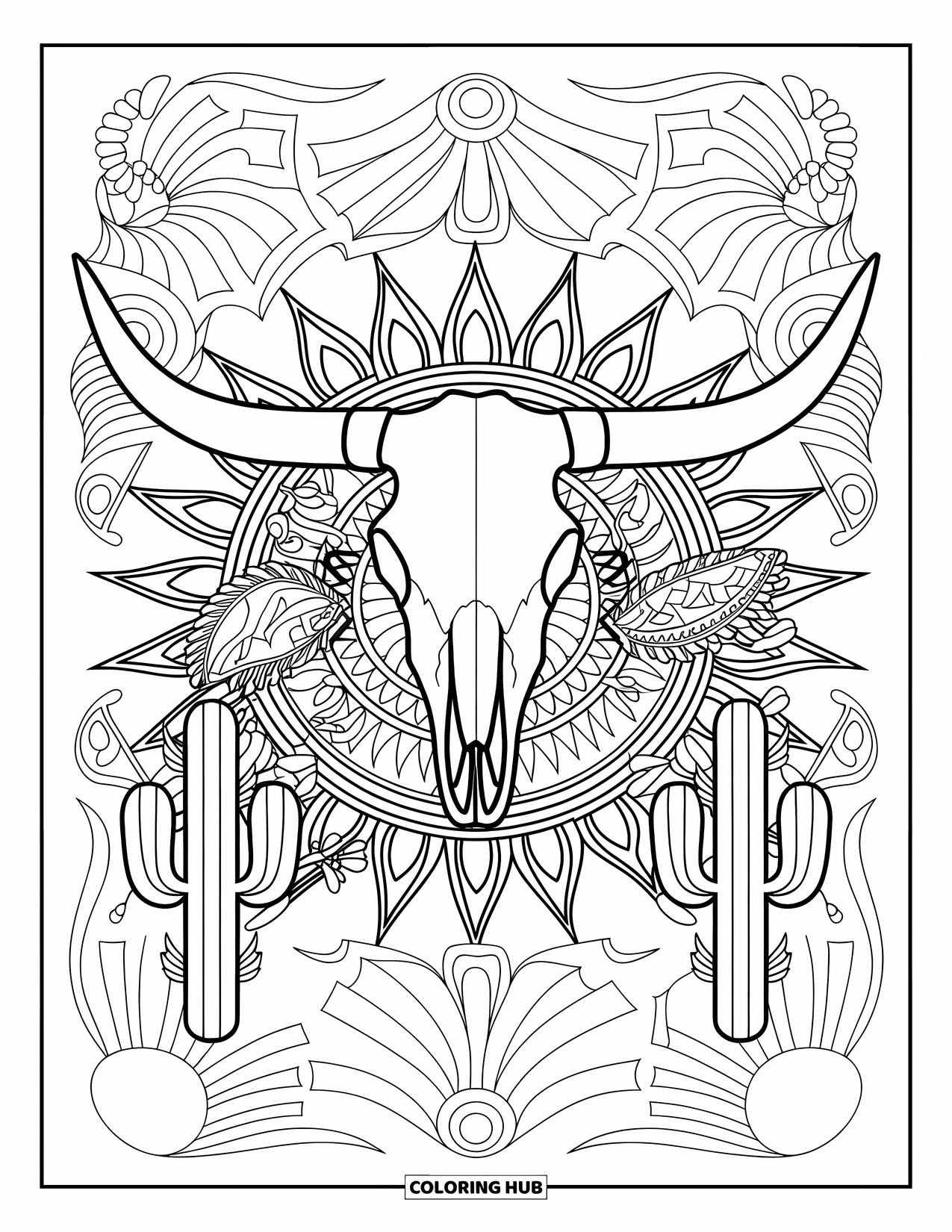 Desen de colorat western pentru adulți: Un craniu de longhorn cu model este încadrat de motive însorite și modele de cactus pentru o atmosferă creativă