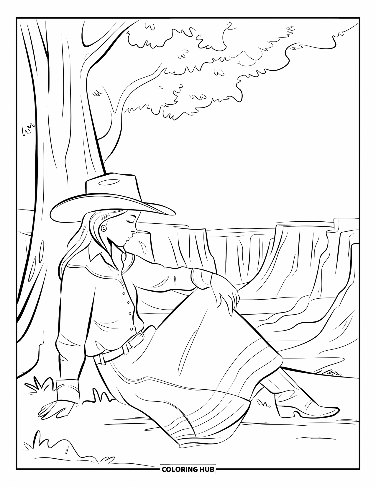 Desen de colorat western pentru adulți: O cowgirl pașnică se sprijină de un copac în timp ce se bucură de priveliștea unui canion îndepărtat