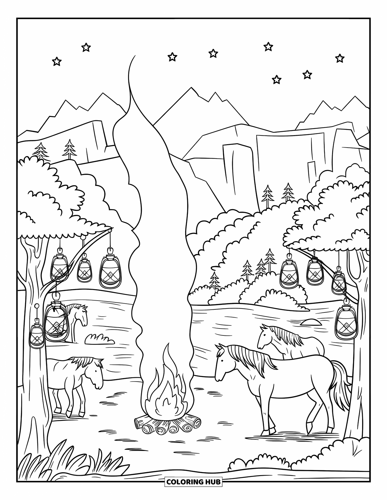 Desen de colorat western pentru adulți: O tabără pașnică pe râu cu cai, copaci și felinare strălucește ușor sub un cer înstelat