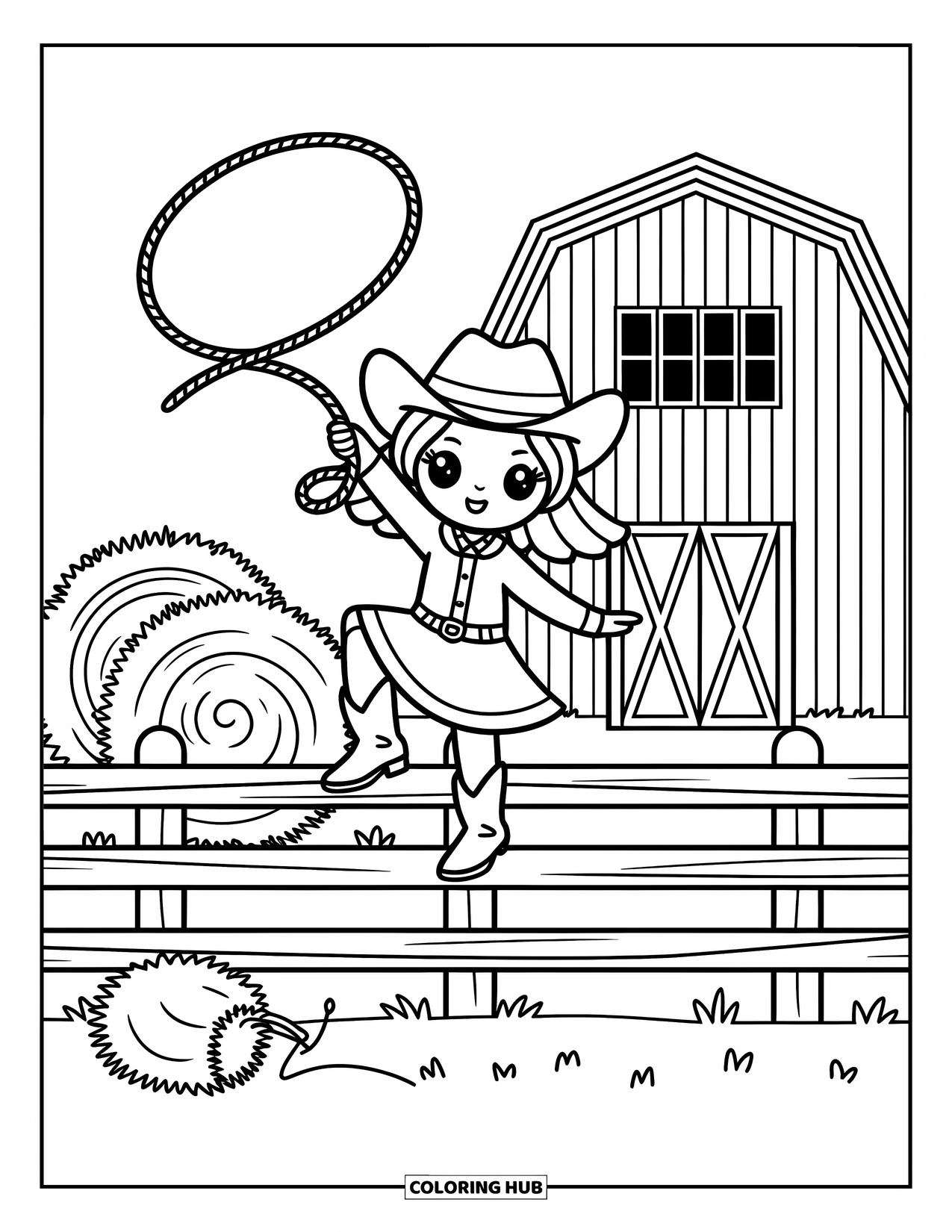 Desen de colorat Vest pentru adulți: O cowgirl jucăușă își învârte lasoul pe un gard cu un hambar și fân în jurul ei