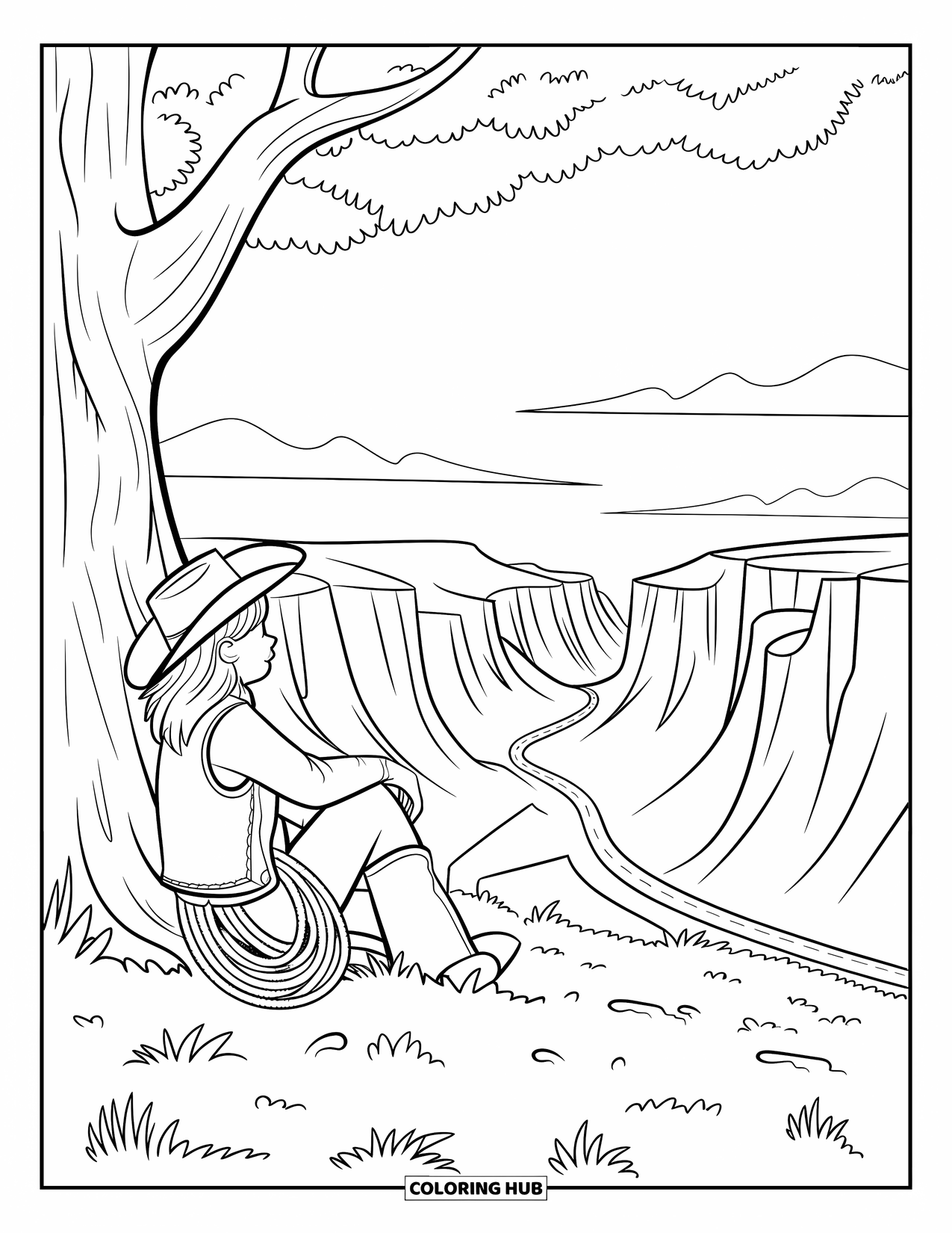 Desen de colorat Vest pentru adulți: Un moment liniștit cu o cowgirl lângă un copac care privește peste munți și cer moi