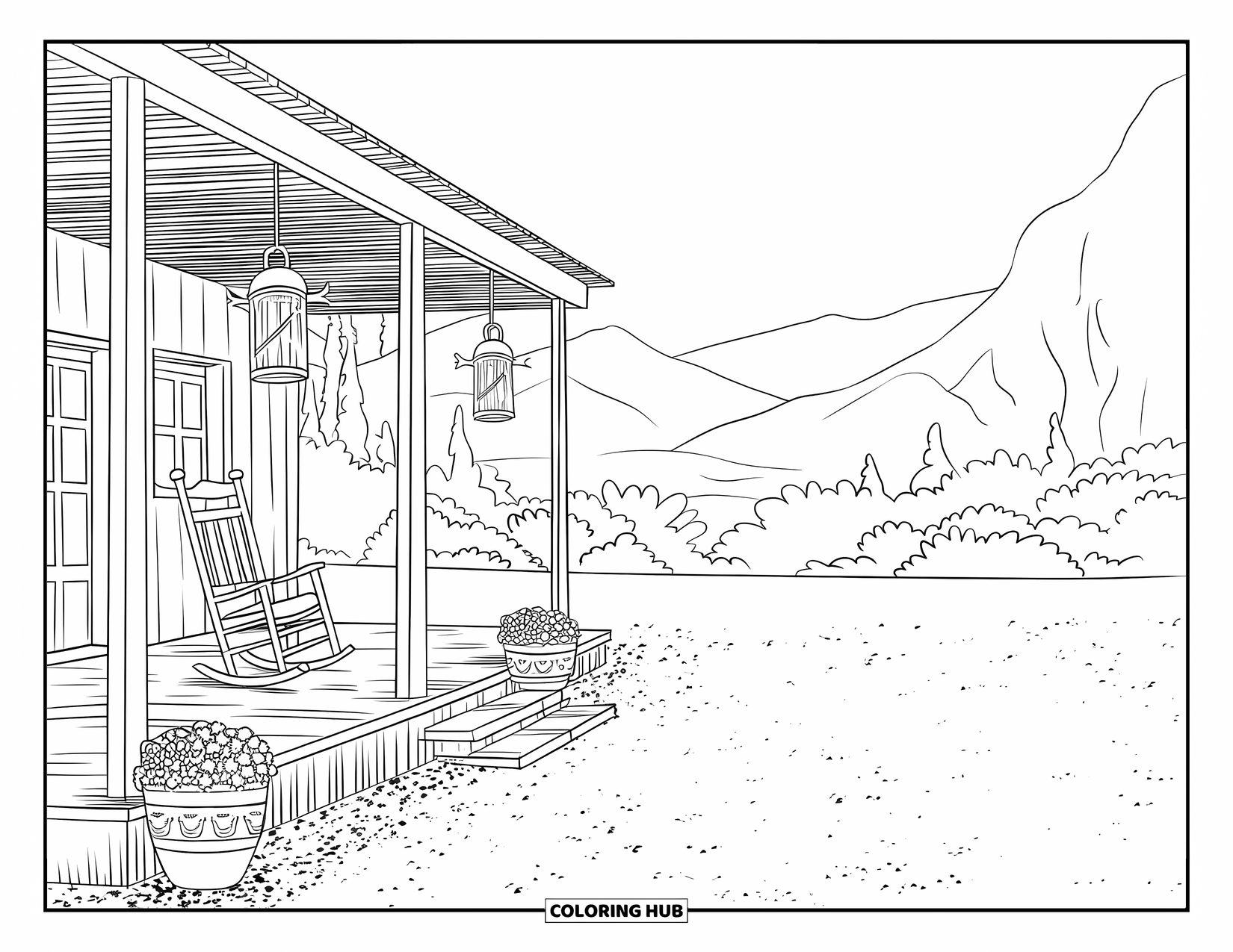 Desen de colorat western pentru adulți: Un pridvor liniștit cu un balansoar, felinare și flori are vedere spre munți și copaci pașnici
