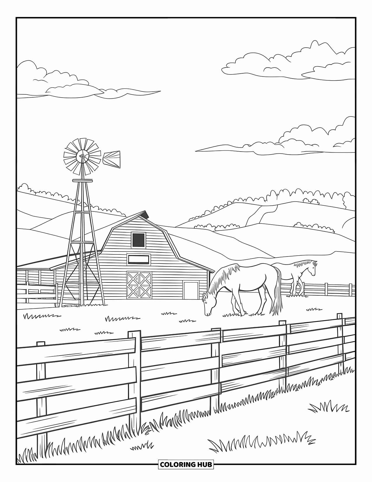 Desen de colorat Vest pentru adulți: O fermă liniștită cu cai la păscut, o moară de vânt și un hambar se află printre dealuri blânde