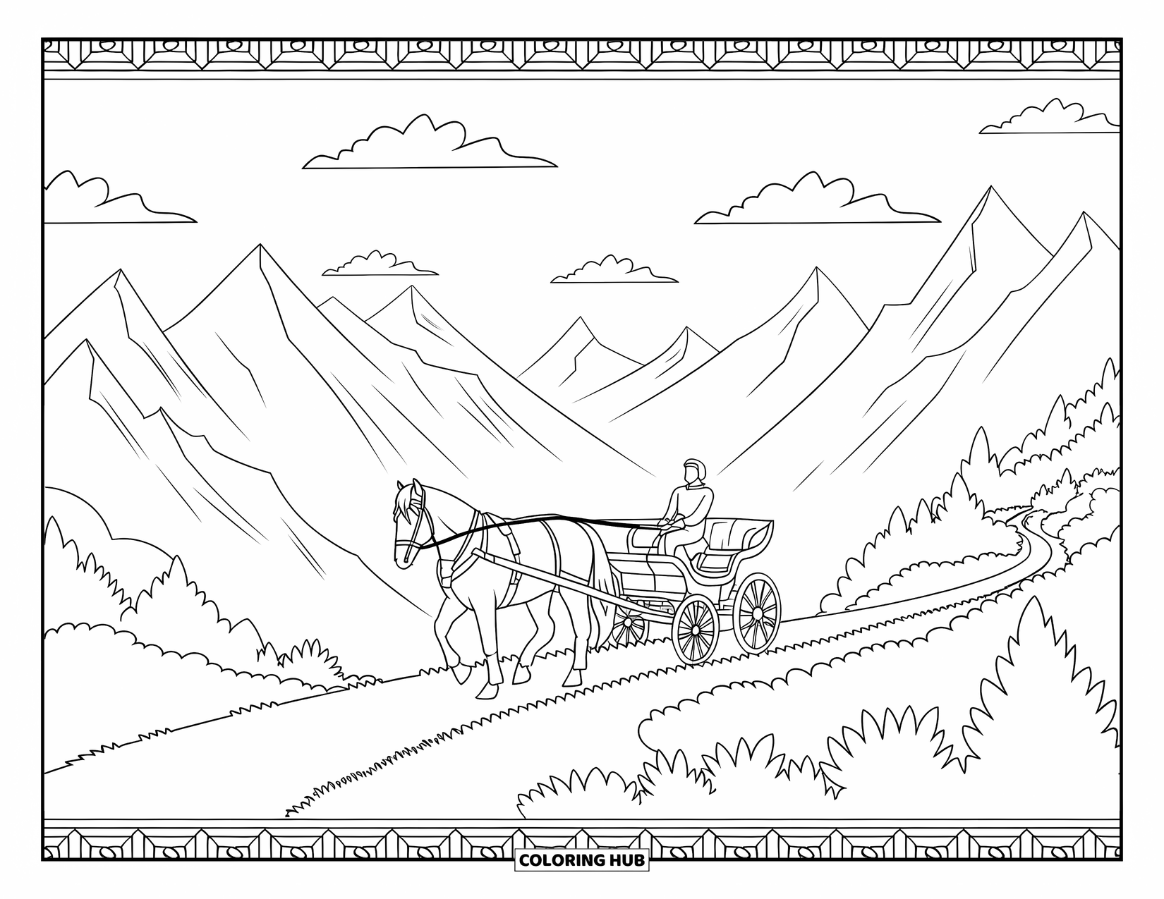 Desen de colorat western pentru adulți: Un călăreț ghidează un cal și un cărucior de-a lungul unei poteci montane pașnice sub un cer senin