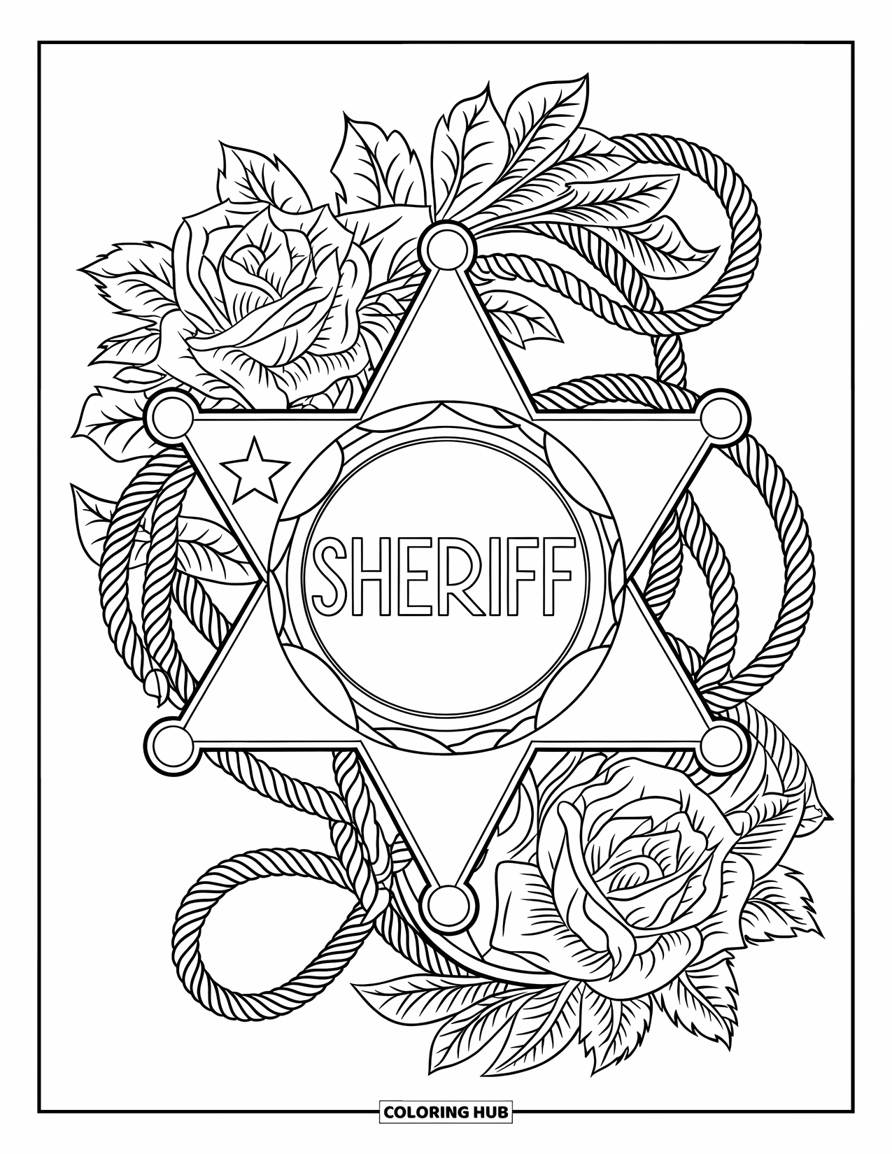 Desen de colorat western pentru adulți: O insignă de șerif în formă de stea este înconjurată de trandafiri învârtitori și frânghie într-o temă western