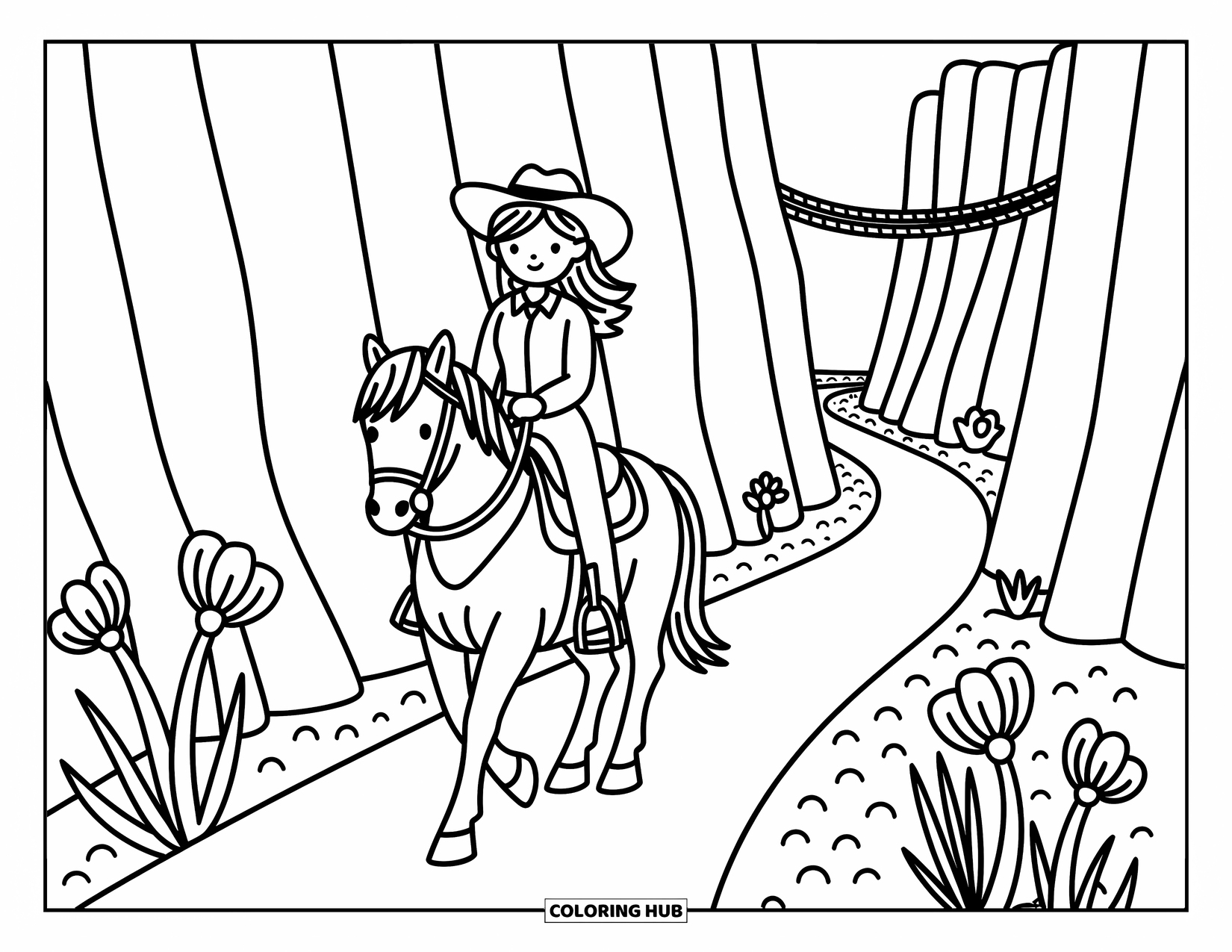 Desen de colorat Vest pentru adulți: O cowgirl dulce călărește pașnic printr-un canion deșertic cu pereți de stâncă moi și un pod