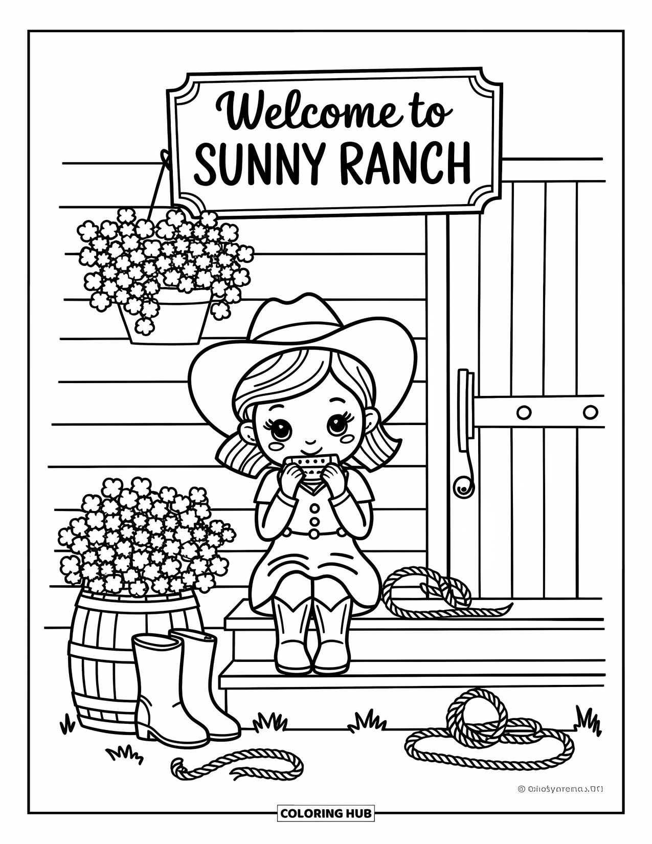 Desen de colorat Vest pentru adulți: O cowgirl mică cântă la armonică pe o verandă cu cizme, ghivece de flori și un semn confortabil