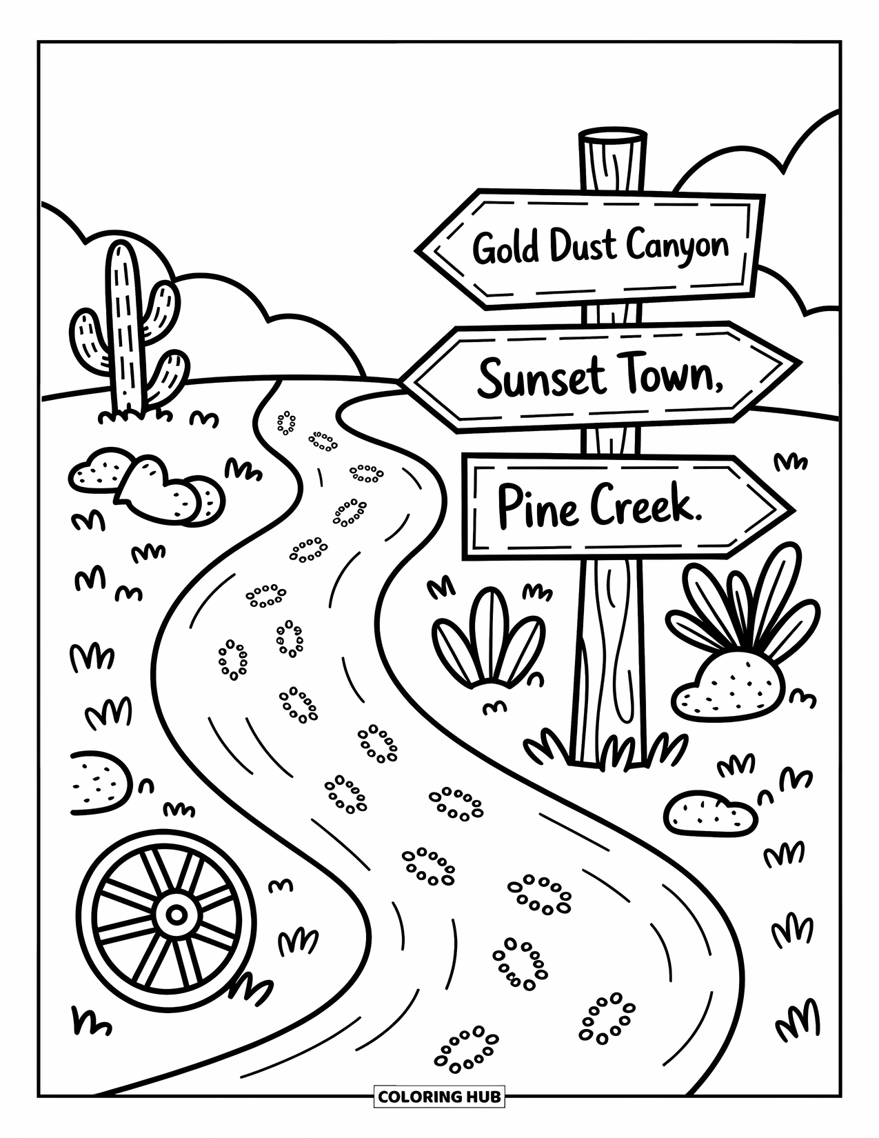 Desen de colorat Vest pentru adulți: O potecă cu amprente jucăușe șerpuiește pe lângă un semn de lemn care indică trei orașe vestice distractive