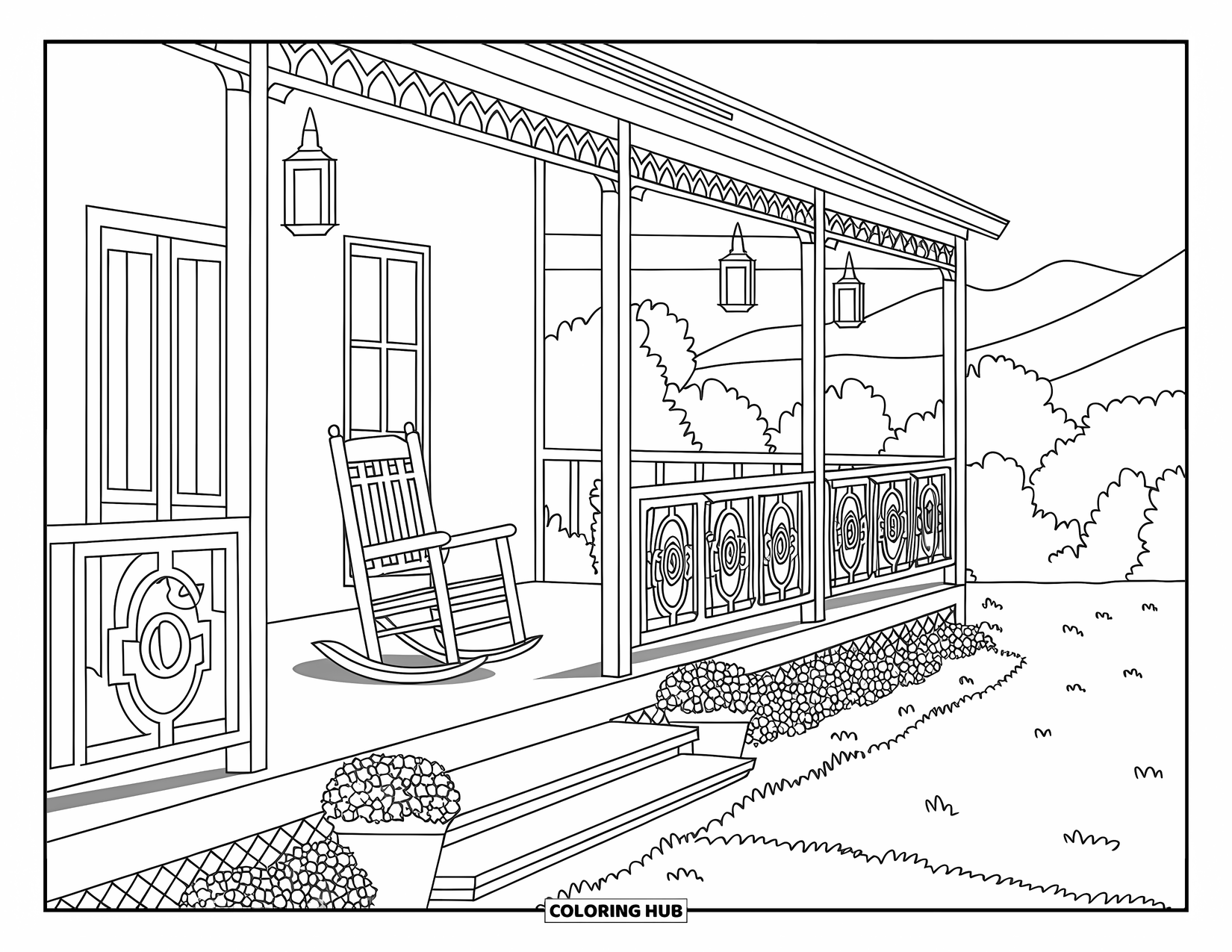Desen de colorat western pentru adulți: Un pridvor primitor cu ghivece de flori, felinare și balustrade de lemn are vedere spre munți