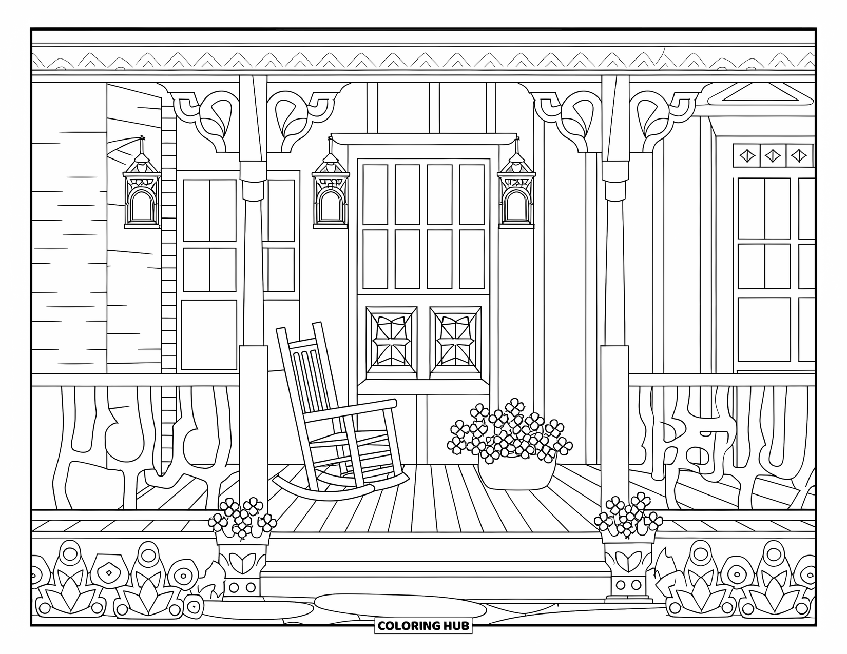 Desen de colorat western pentru adulți: Un pridvor western cu felinare suspendate, ghivece de flori și detalii artistice din lemn se simte calm și confortabil