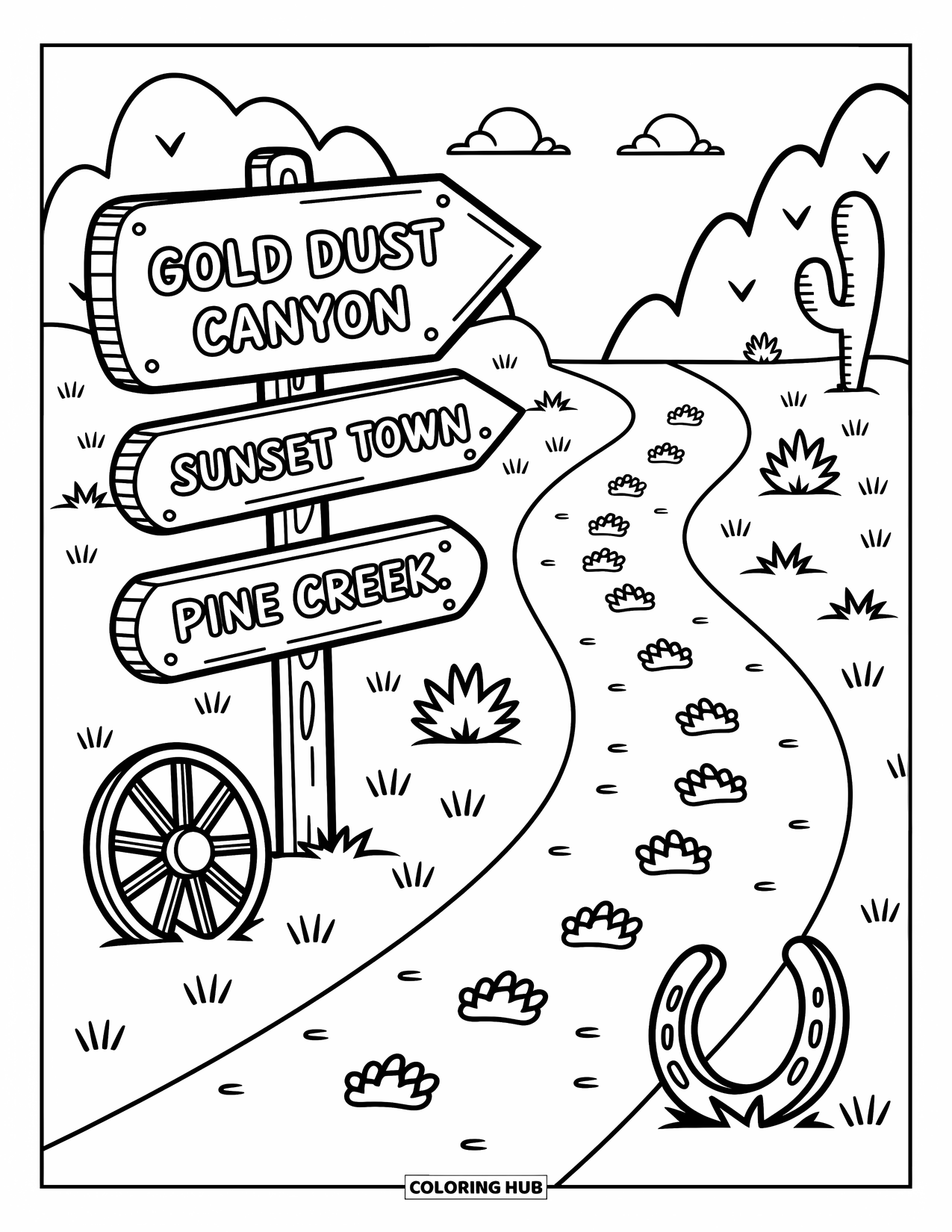 Desen de colorat Vest pentru adulți: Un indicator capricios împarte calea între Canionul Prafului de Aur, Orașul Apusului și Pârâul Pinului