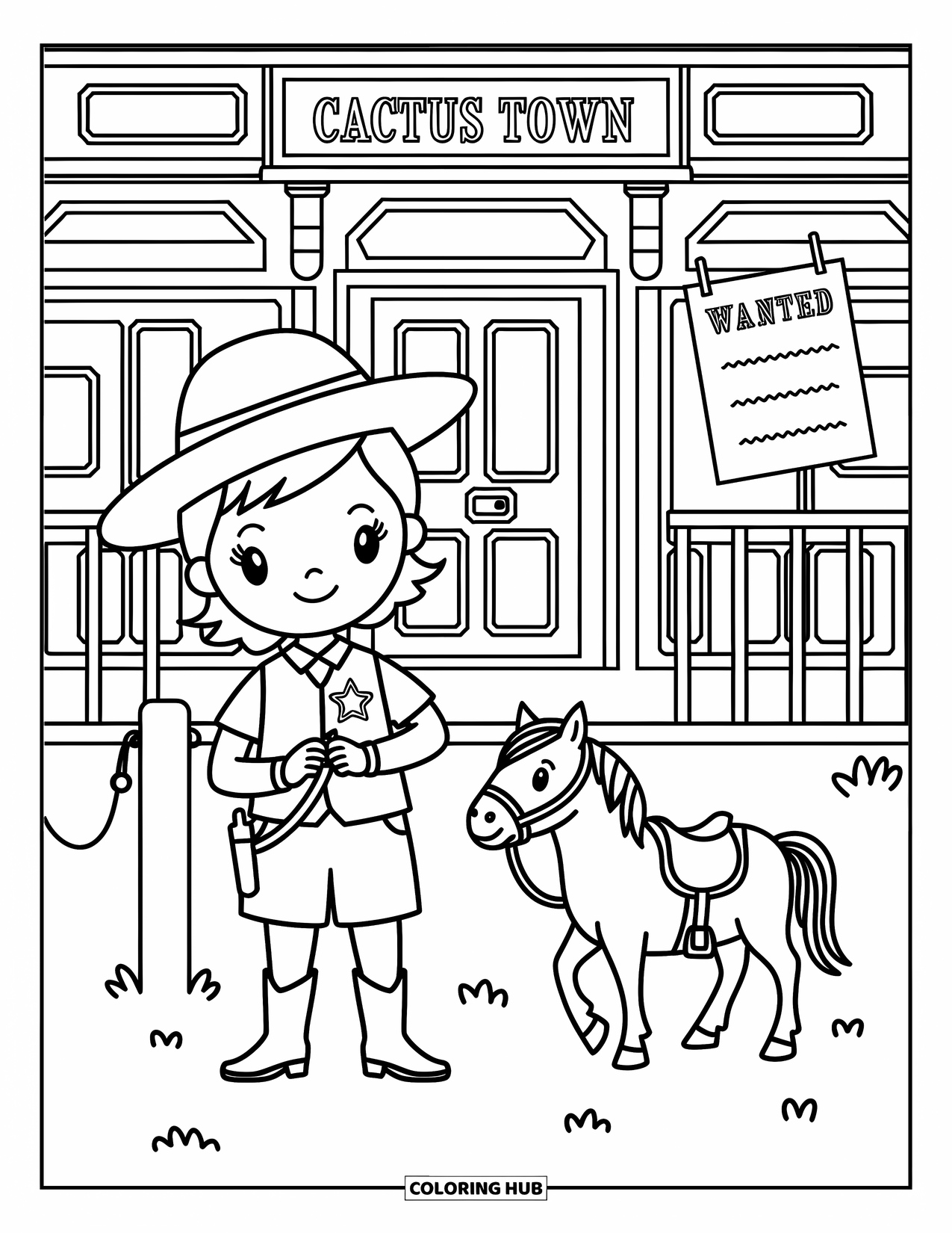 Desen de colorat Vest pentru adulți: Un șerif tânăr prinde o insignă în afara sălii Orașului Cactus cu un cal în apropiere