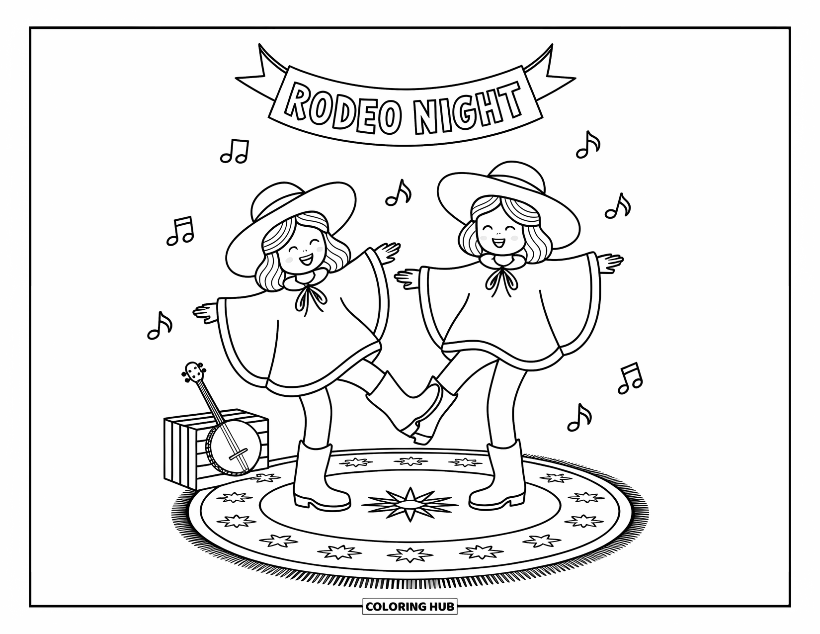 Desen de colorat Vest pentru adulți: Cei mai buni prieteni se învârt și dansează sub un semn Noaptea Rodeo cu un banjo sprijinit lângă ei