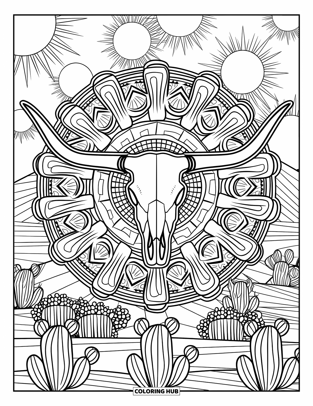 Desen de colorat Vest pentru adulți: Cactuși și sori formează un cerc în jurul unui craniu de longhorn într-un model inspirat de deșert