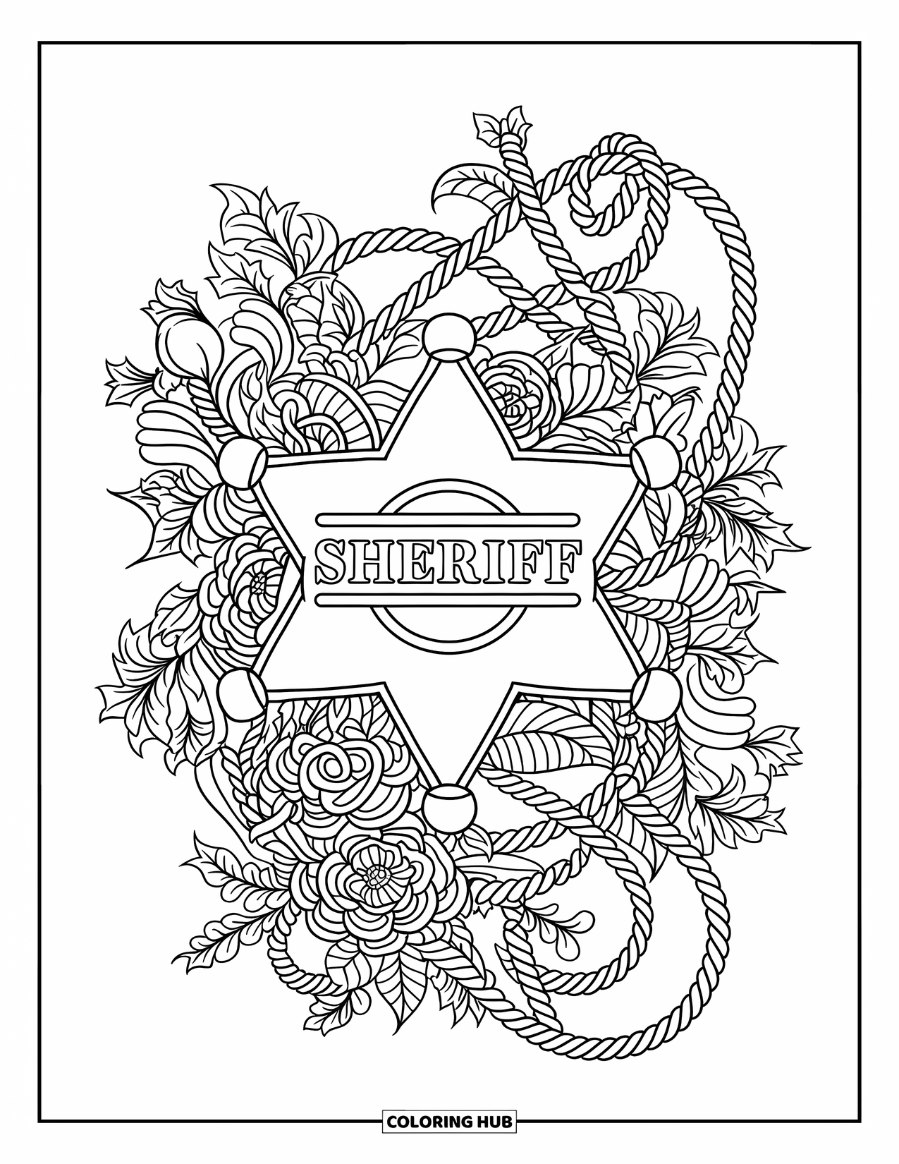 Desen de colorat western pentru adulți: Vârtejuri florale și frânghie înconjoară o insignă de șerif cu un farmec western îndrăzneț