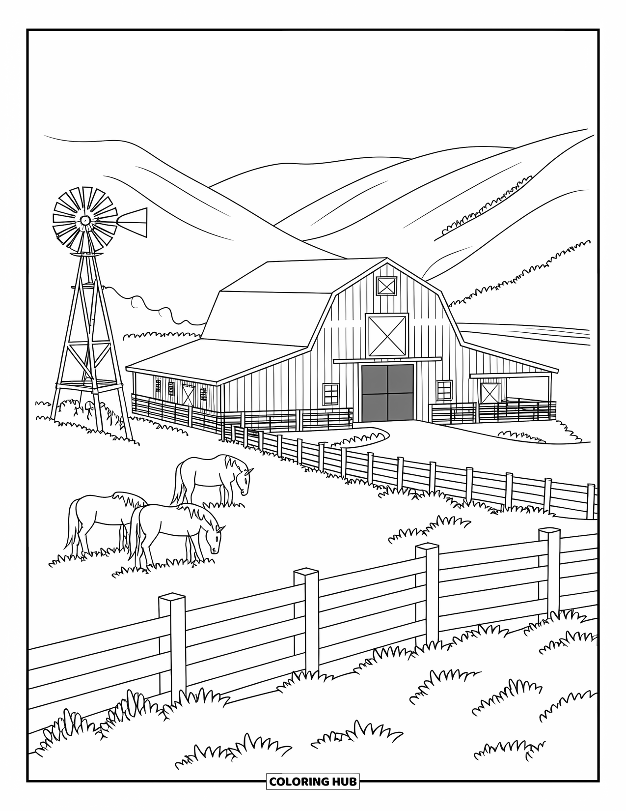 Desen de colorat Vest pentru adulți: Caii pasc lângă un hambar și o moară de vânt pe o fermă liniștită înconjurată de dealuri moi