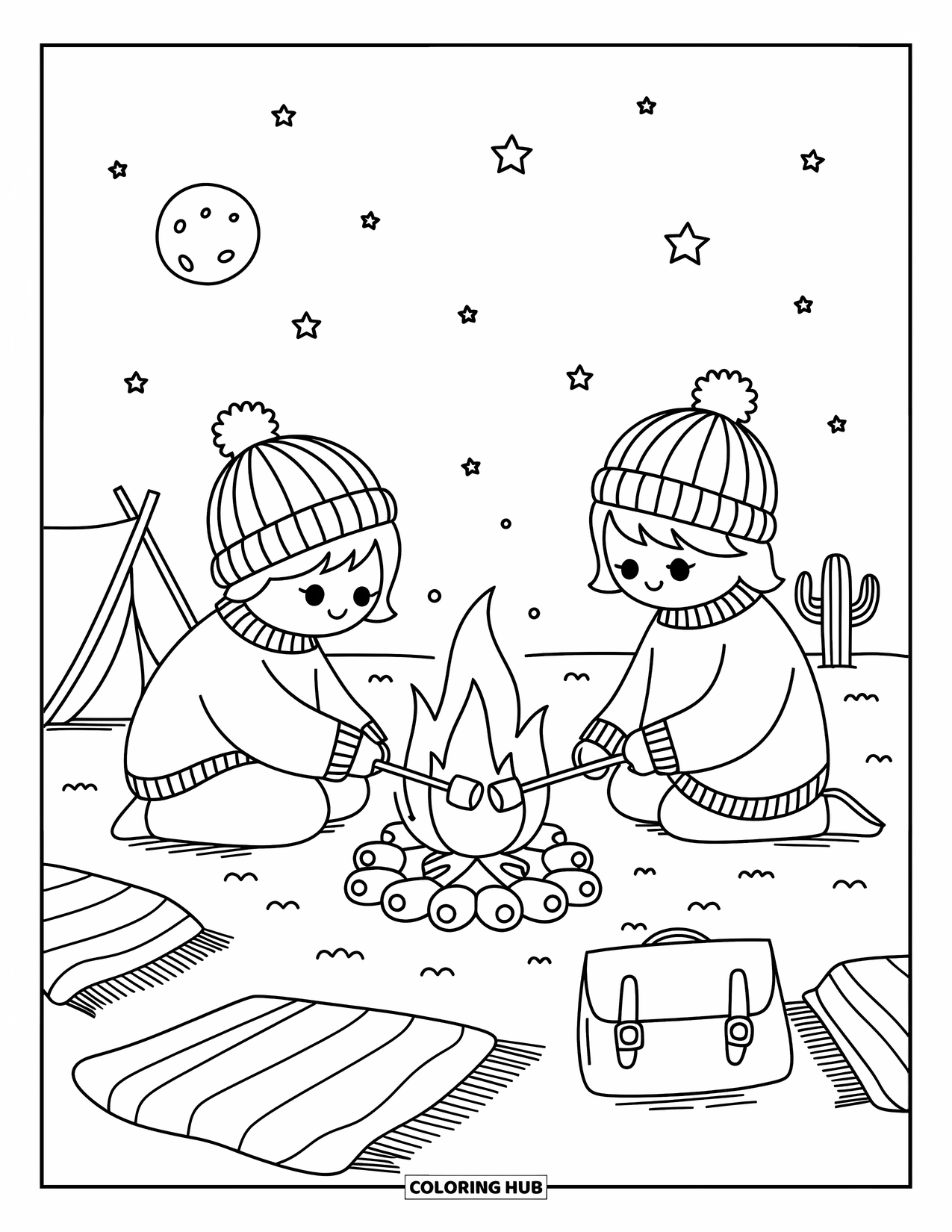 Desen de colorat Vest pentru adulți: Prăjind bezele lângă foc, doi copii se bucură de o noapte caldă sub un cer înstelat