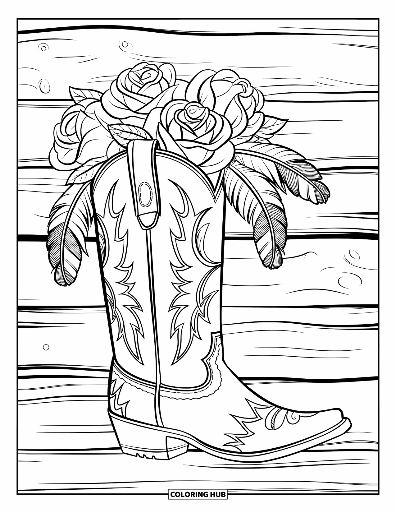 Desen de colorat western pentru adulți: Trandafiri și pene decorează un cizmar de cowboy într-o scenă confortabilă, rustică