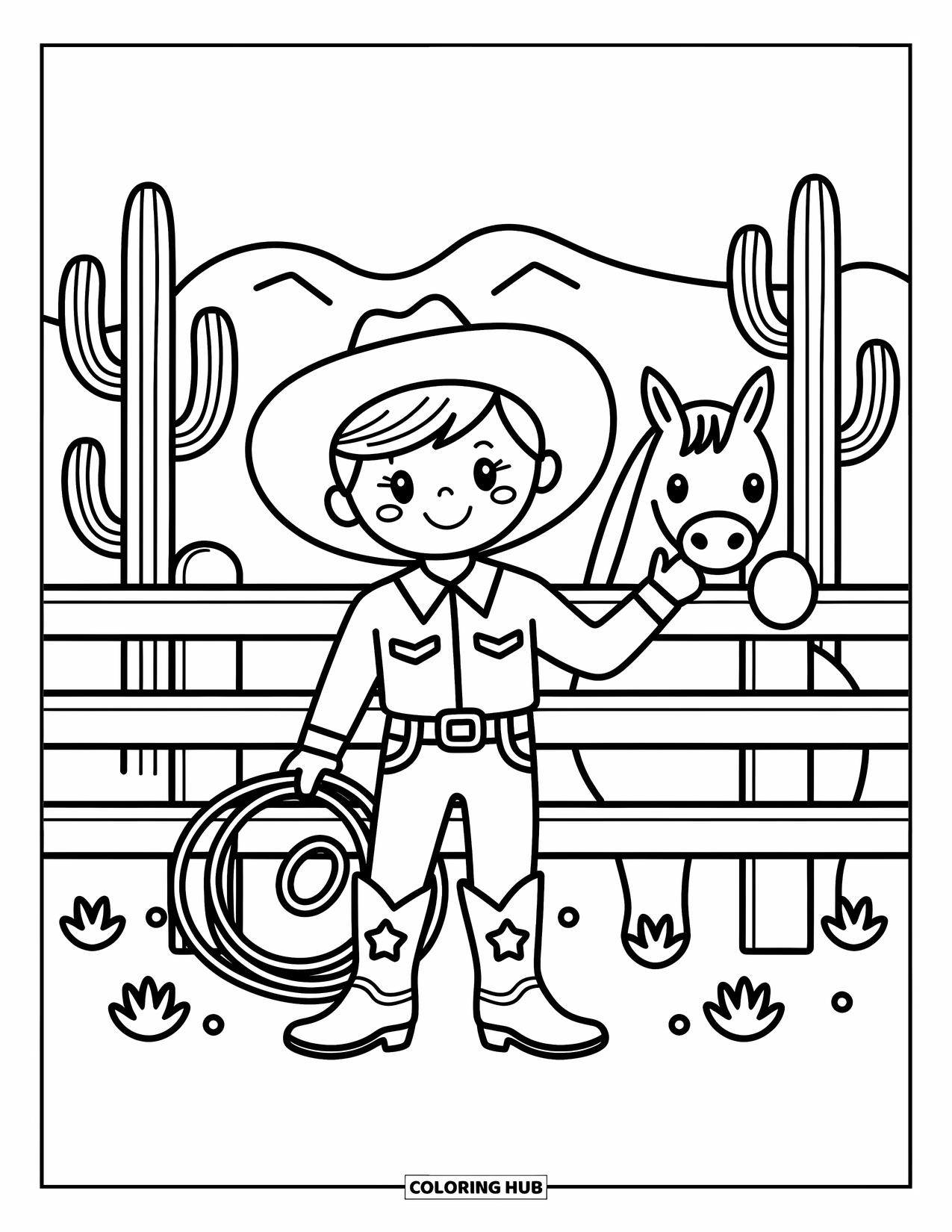 Desen de colorat Vest pentru adulți: Stând mândru cu un lasou, un cowboy zâmbește lângă un cal și un orizont de deșert