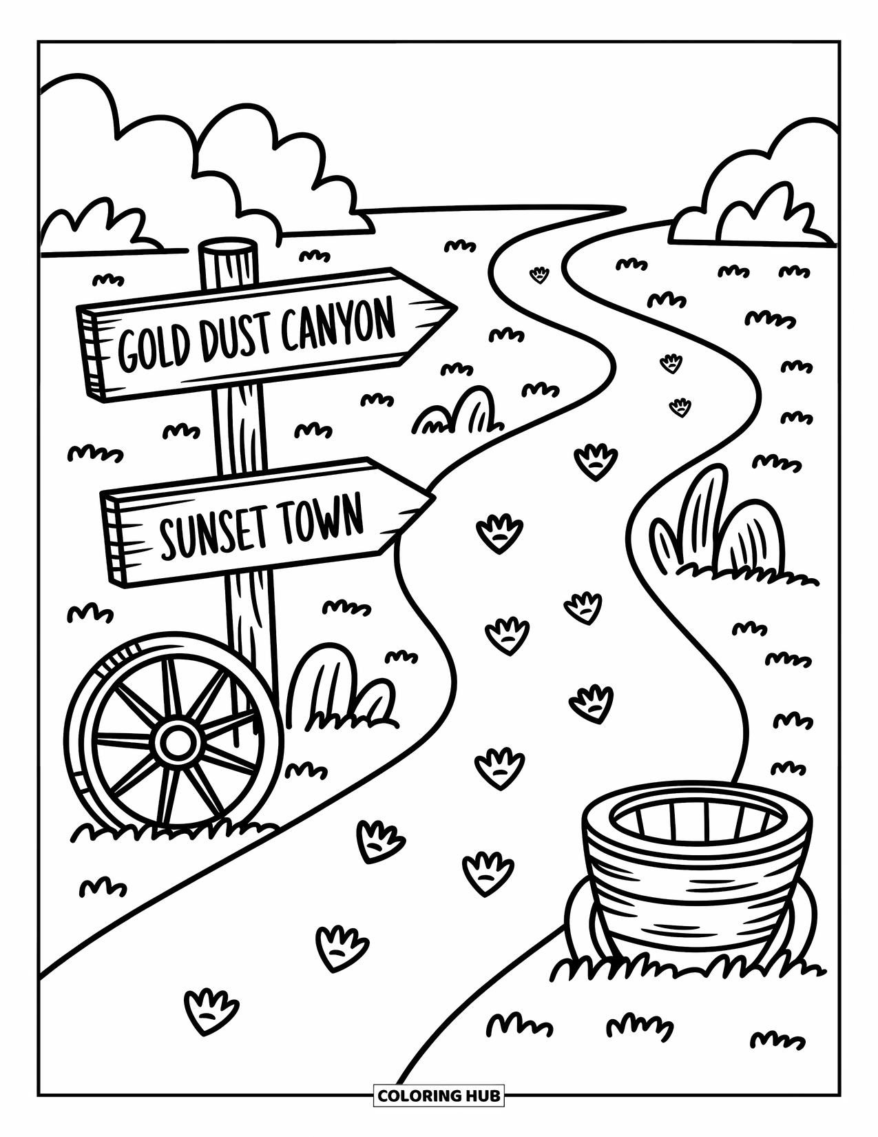 Desen de colorat Vest pentru adulți: Amprente mici de deșert înconjoară un indicator care arată drumul către trei locuri vestice fermecătoare