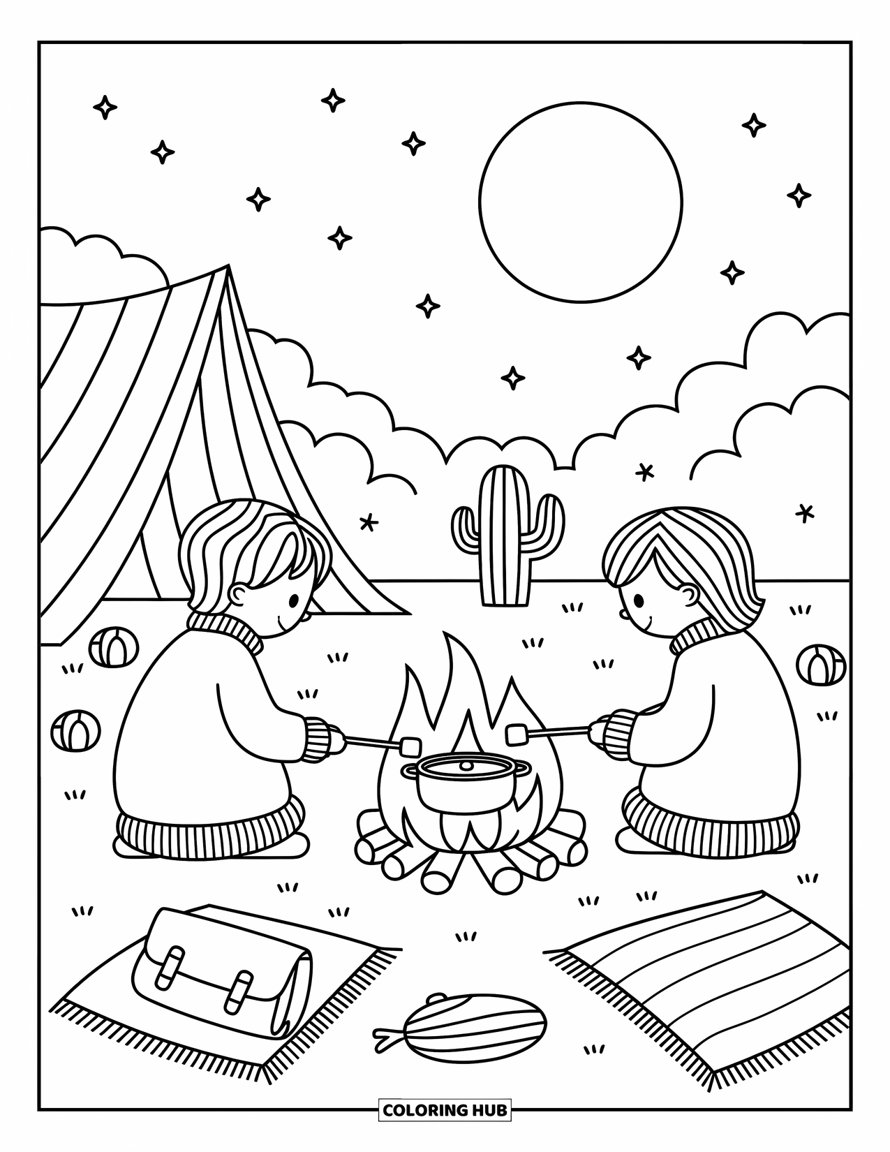 Desen de colorat Vest pentru adulți: Doi copii în pulovere prăjesc bezele într-un camping confortabil sub stele și o lună blândă