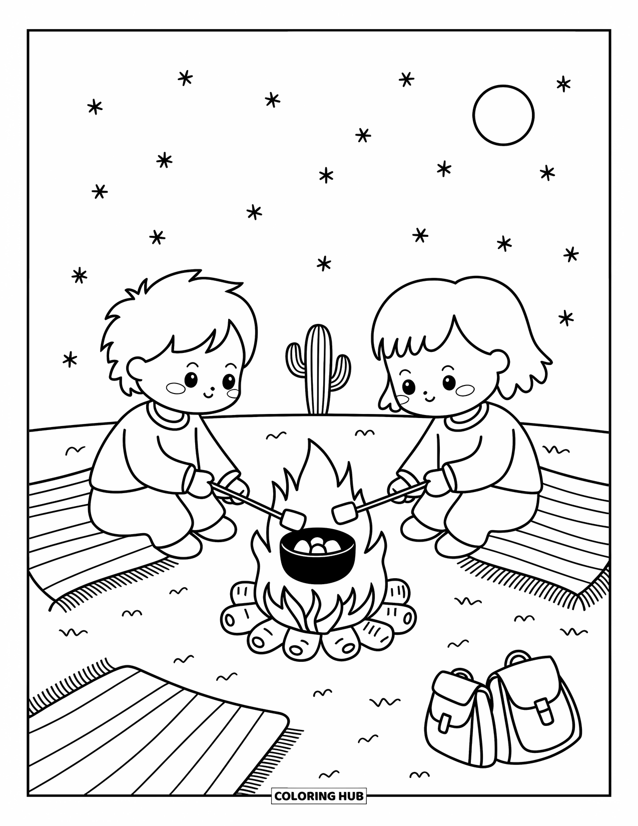 Desen de colorat Vest pentru adulți: Sub un cer nocturn sclipitor, copiii prăjesc bezele lângă un foc cu pături și cactuși în apropiere