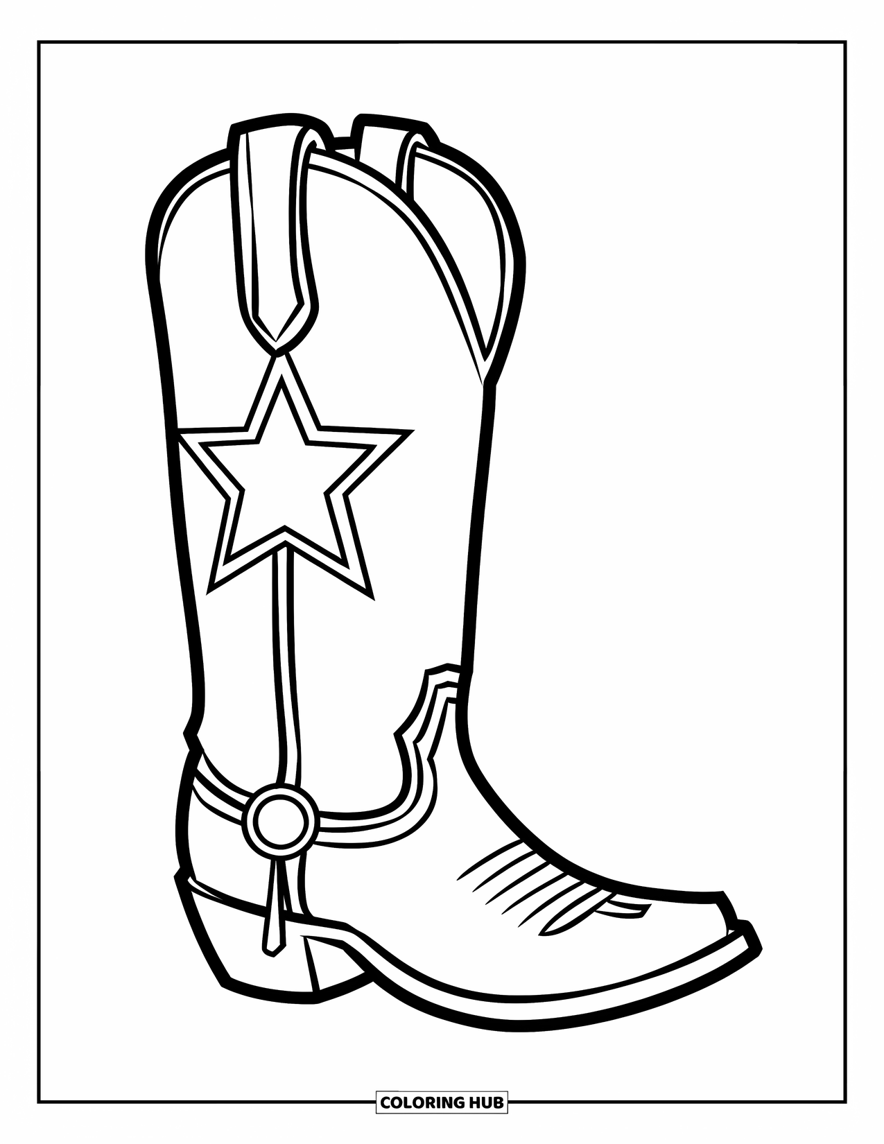 Desen de colorat Vest pentru copii: O cizmă mare de cowboy cu o stea și un pinten stă mândră la vedere