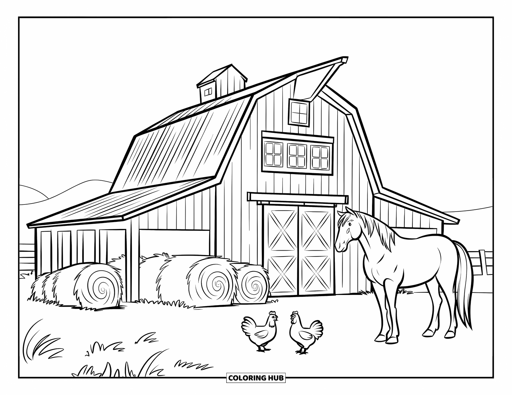 Desen de colorat Vest pentru copii: Un hambar mare vestic stă cu baloți de fân, găini și un cal în apropiere