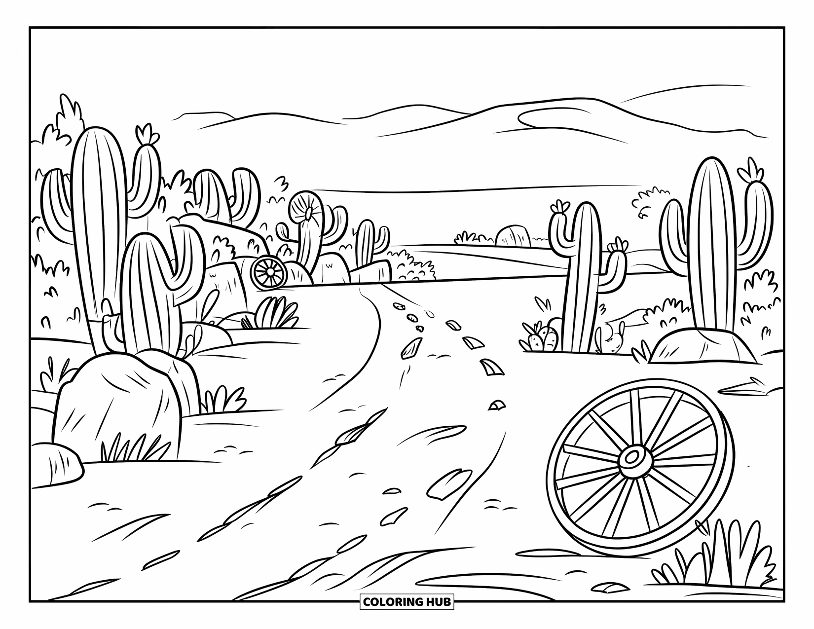 Desen de colorat Vest pentru copii: O roată de căruță ruptă se află de-a lungul unei poteci deșertice mărginită de cactuși