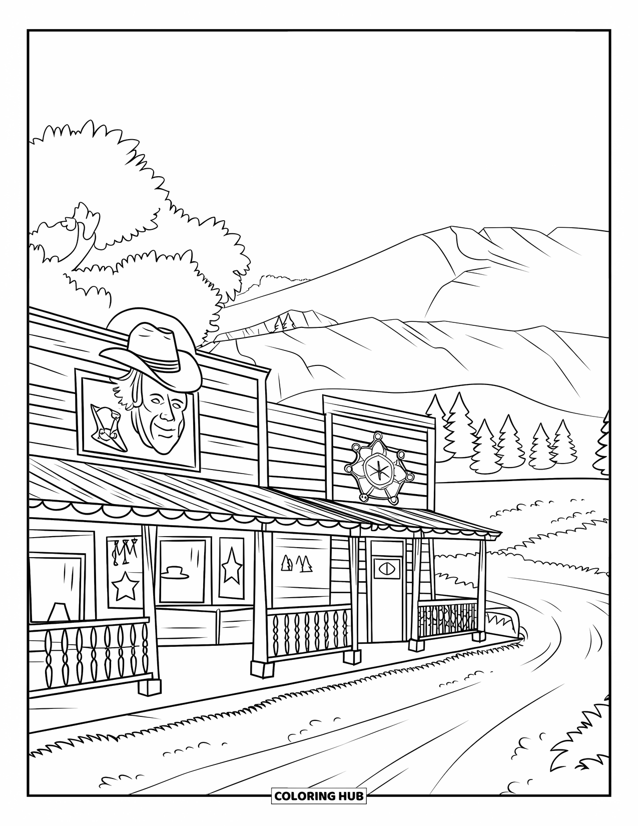 Desen de colorat Vest pentru copii: Un oraș vesel de pe vârful unui deal are un birou de șerif și un semn de salon ciudat