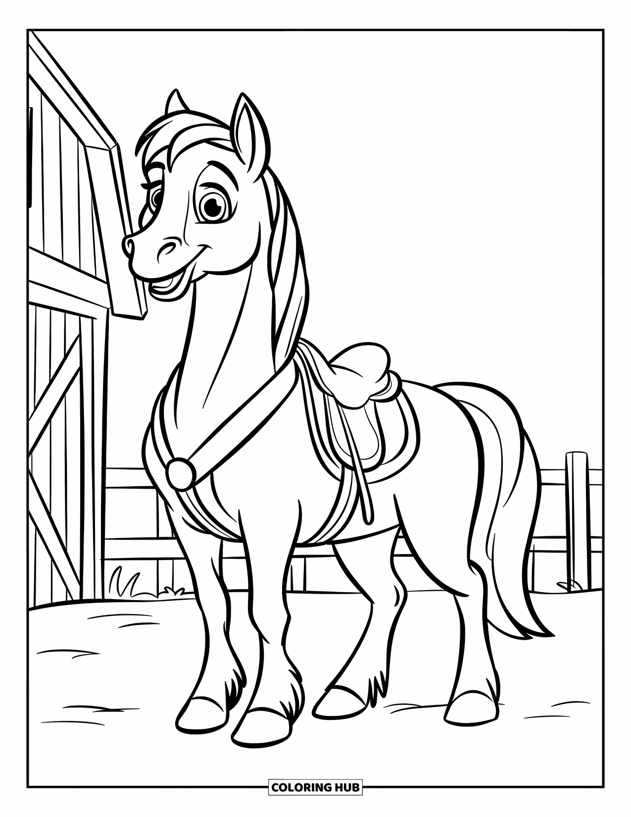 Desen de colorat Vest pentru copii: Un cal vesel stă lângă un hambar și un gard într-o scenă liniștită de fermă