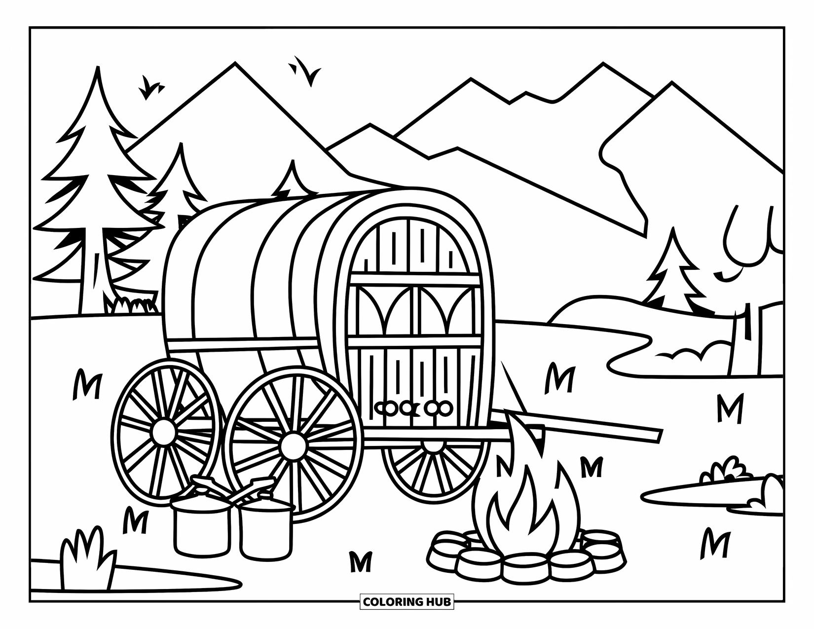 Desen de colorat Vest pentru copii: O căruță de provizii se odihnește lângă un foc cu oale și tigăi împrăștiate în apropiere