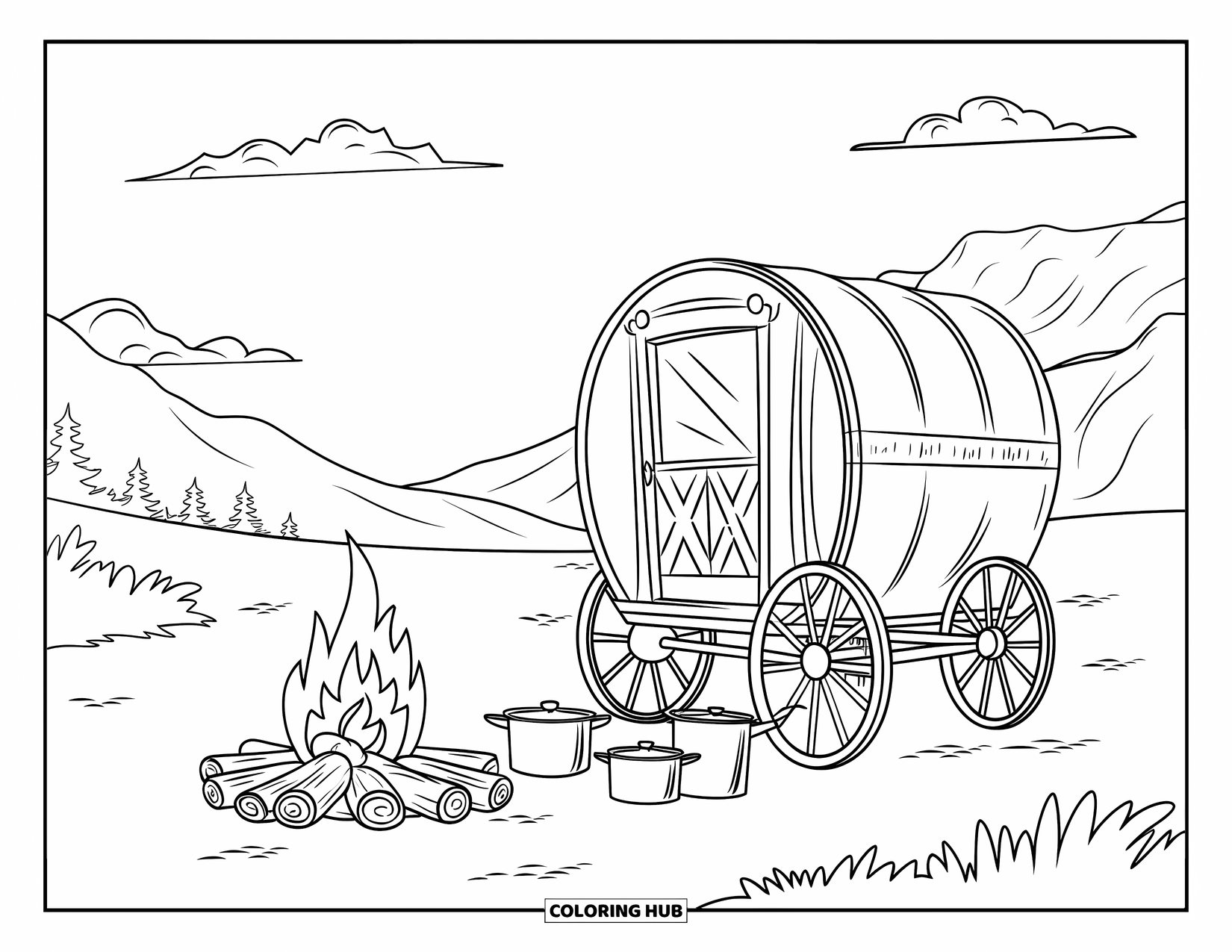 Desen de colorat Vest pentru copii: O căruță de provizii stă lângă foc sub un cer montan pașnic