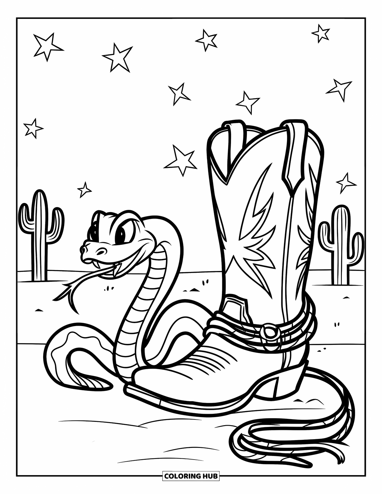 Desen de colorat Vest pentru copii: Un șarpe încolăcit trece pe lângă o cizmă cu un lasou sub cerul înstelat