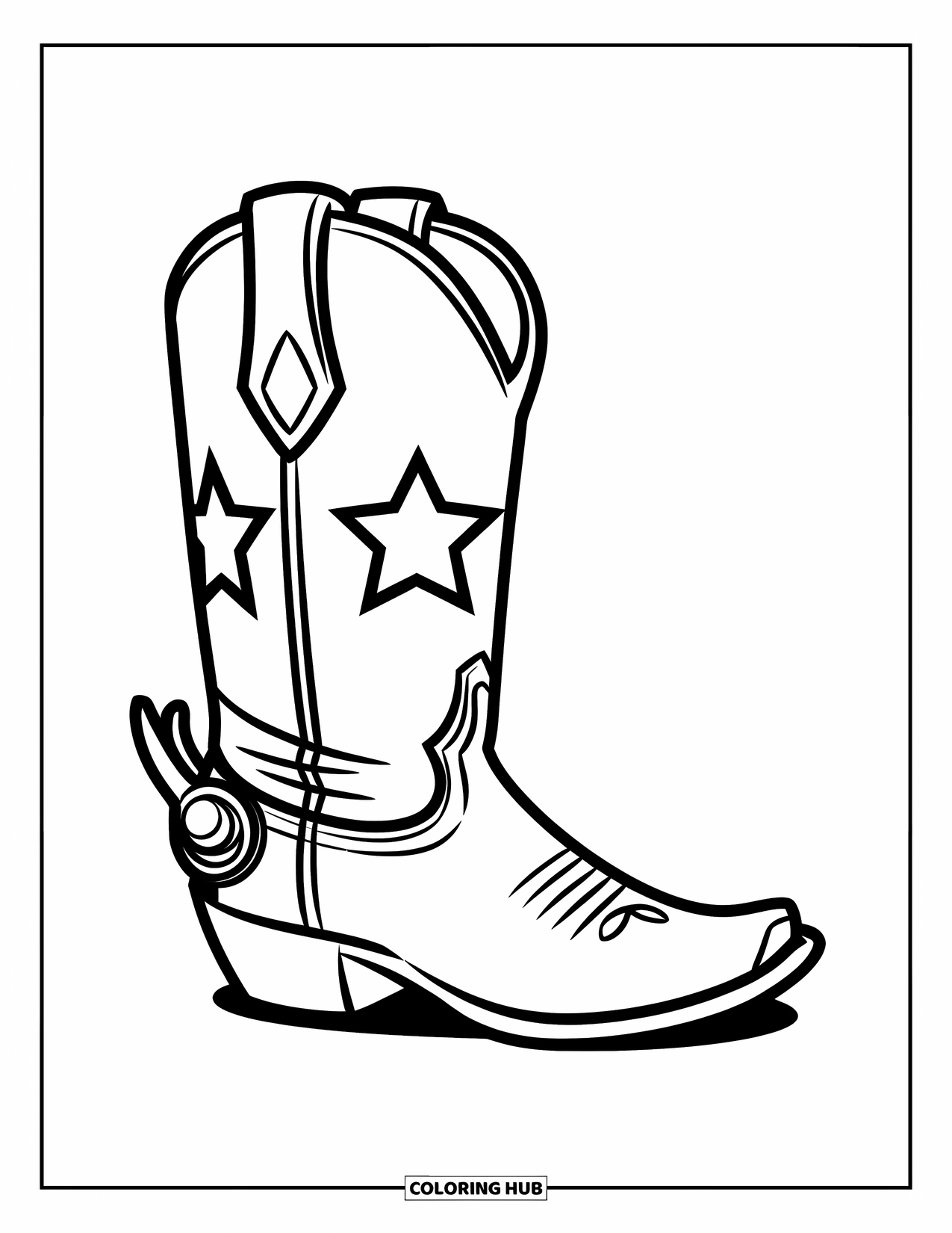 Desen de colorat Vest pentru copii: O cizmă de cowboy cu o stea îndrăzneață și un pinten mic stă înalt