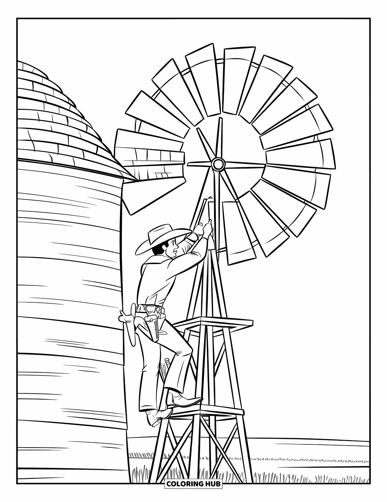 Desen de colorat Vest pentru copii: Un cowboy urcă pe o moară de vânt cu unelte prinse de centură