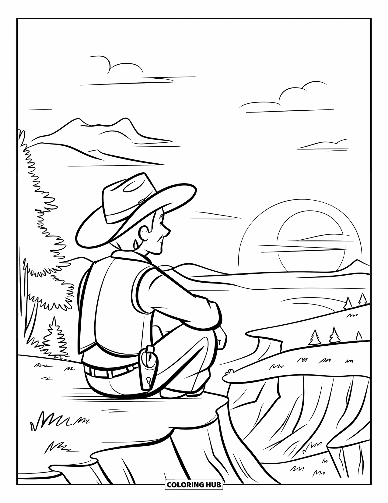 Desen de colorat Vest pentru copii: Un cowboy privește apusul de soare de pe o margine stâncoasă deasupra pământului