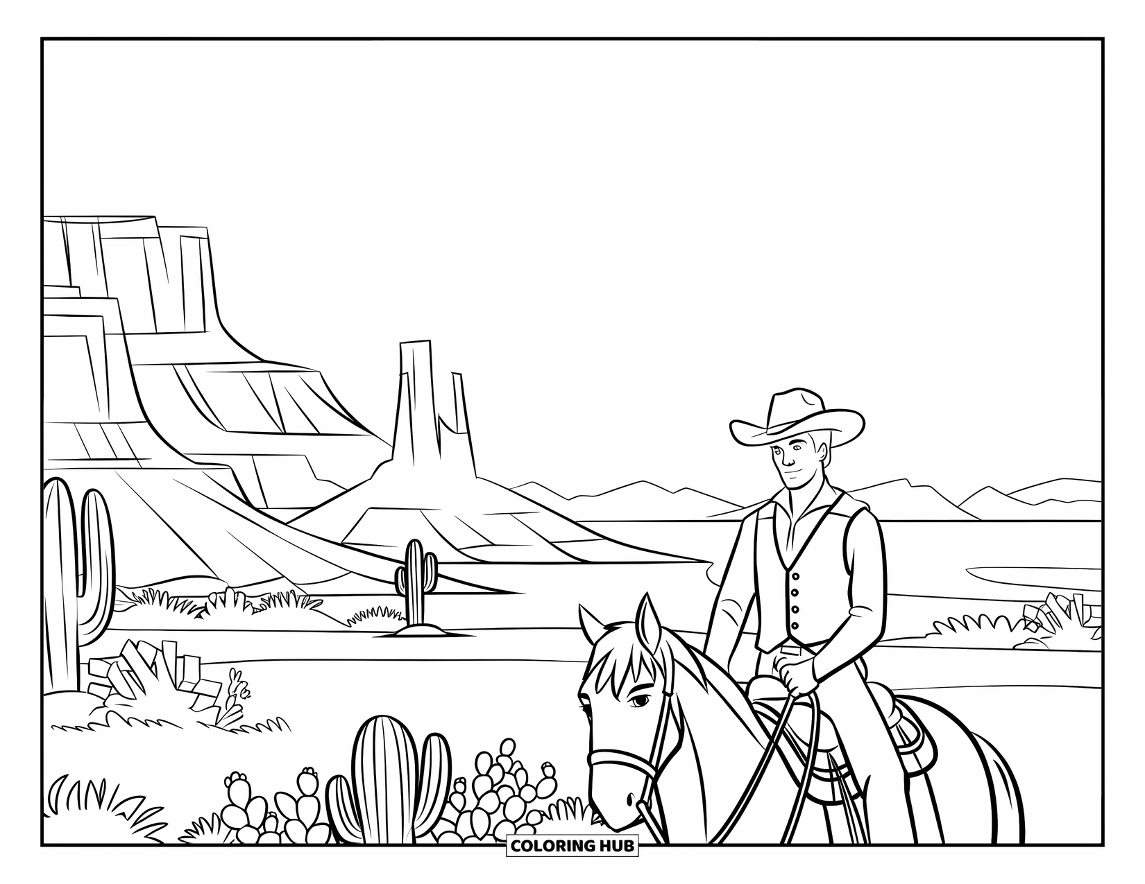 Desen de colorat Vest pentru copii: Un cowboy călare explorează vastul deșert sub un cer senin