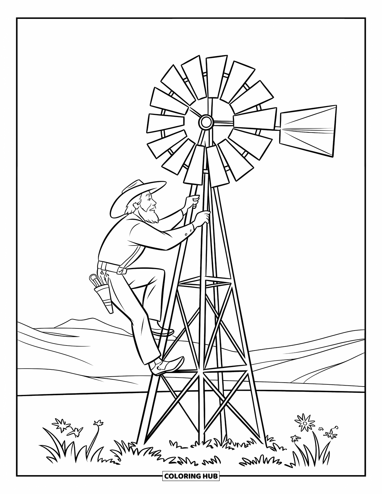 Desen de colorat Vest pentru copii: Un cowboy repară o moară de vânt stricată într-un câmp liniștit cu iarbă