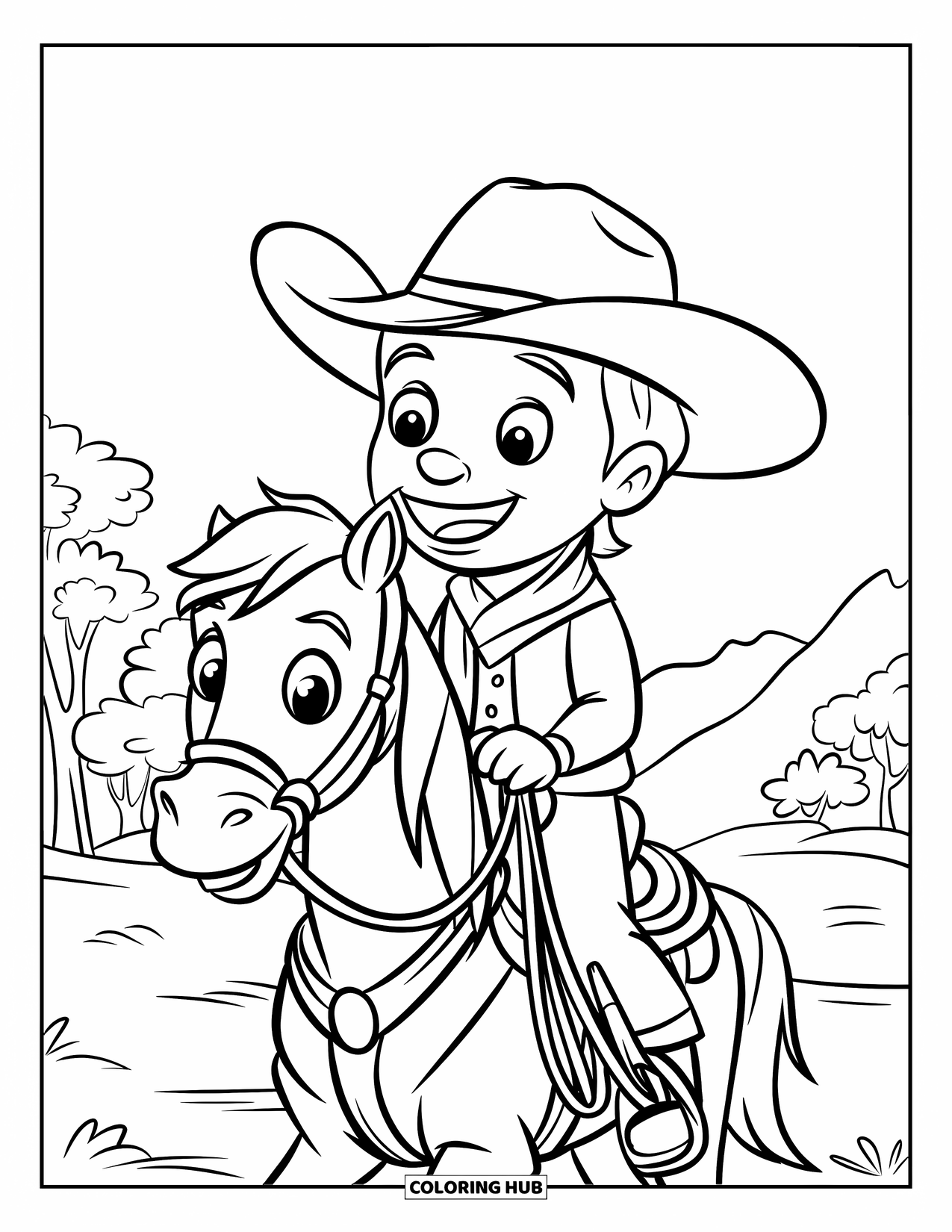 Desen de colorat Vest pentru copii: Un cowboy cu un zâmbet larg călărește calul prin copaci și dealuri