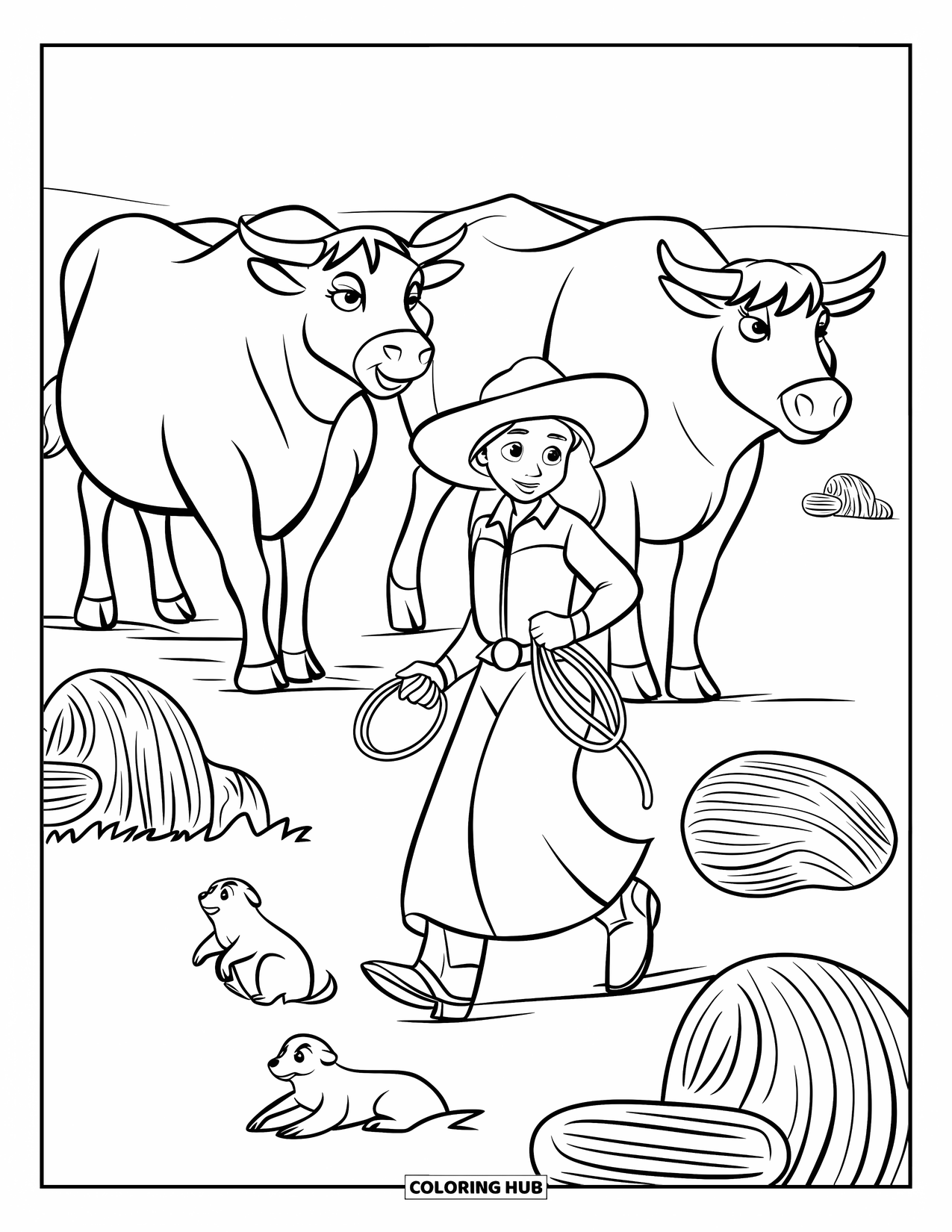 Desen de colorat Vest pentru copii: O cowgirl își ghidează vitele peste prerie pe lângă buruieni uscate și câini de prerie