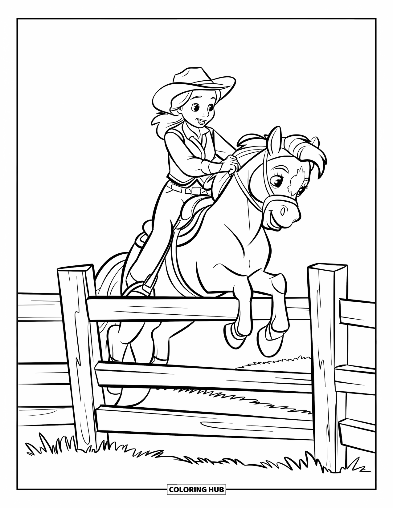 Desen de colorat Vest pentru copii: O cowgirl sare de pe un gard pentru a călări poneiul ei jucăuș pe un câmp